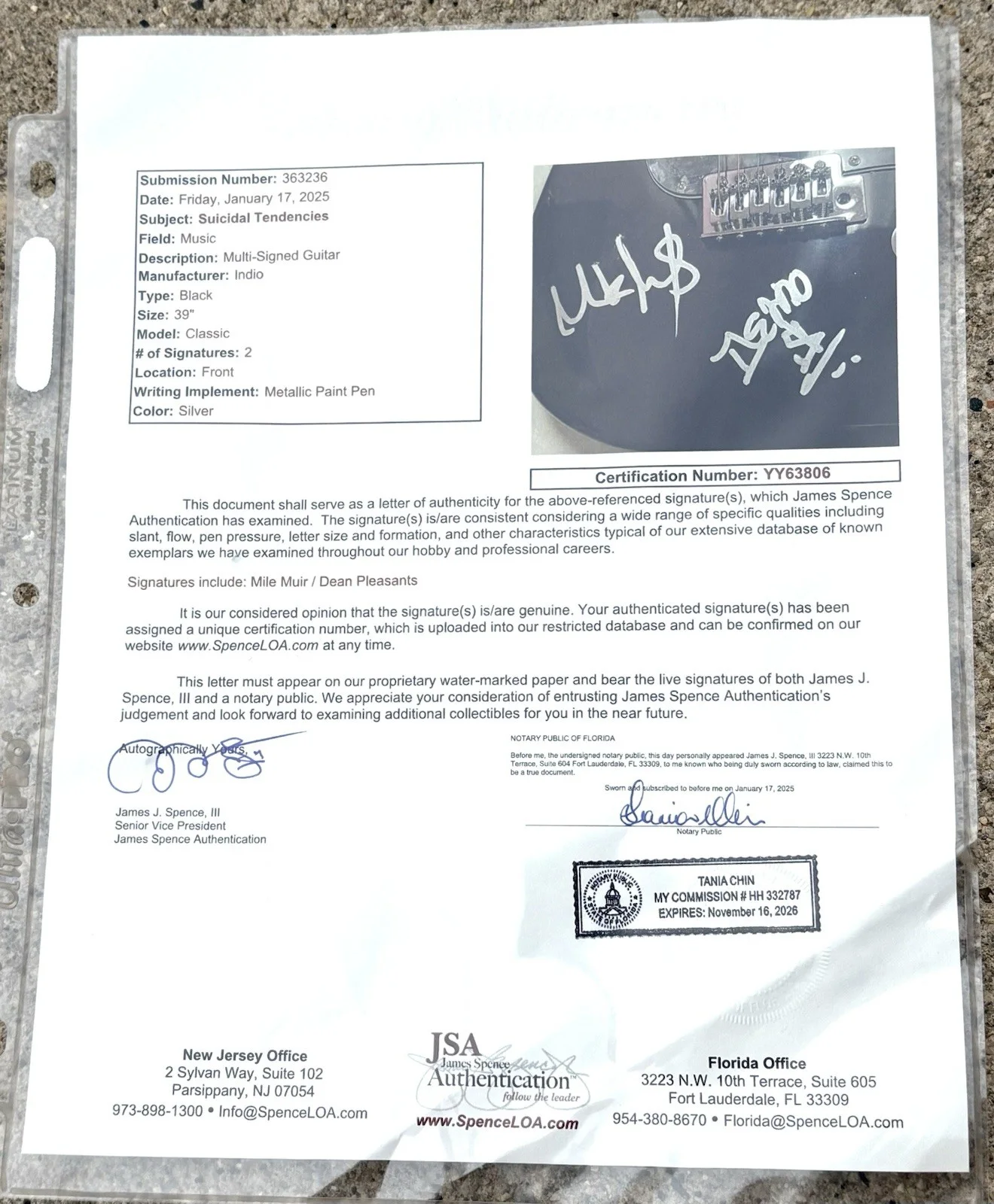 SUICIDAL TENDENCIES SIGNED Guitar JSA AUTHENTICATION LETTER, image 5
