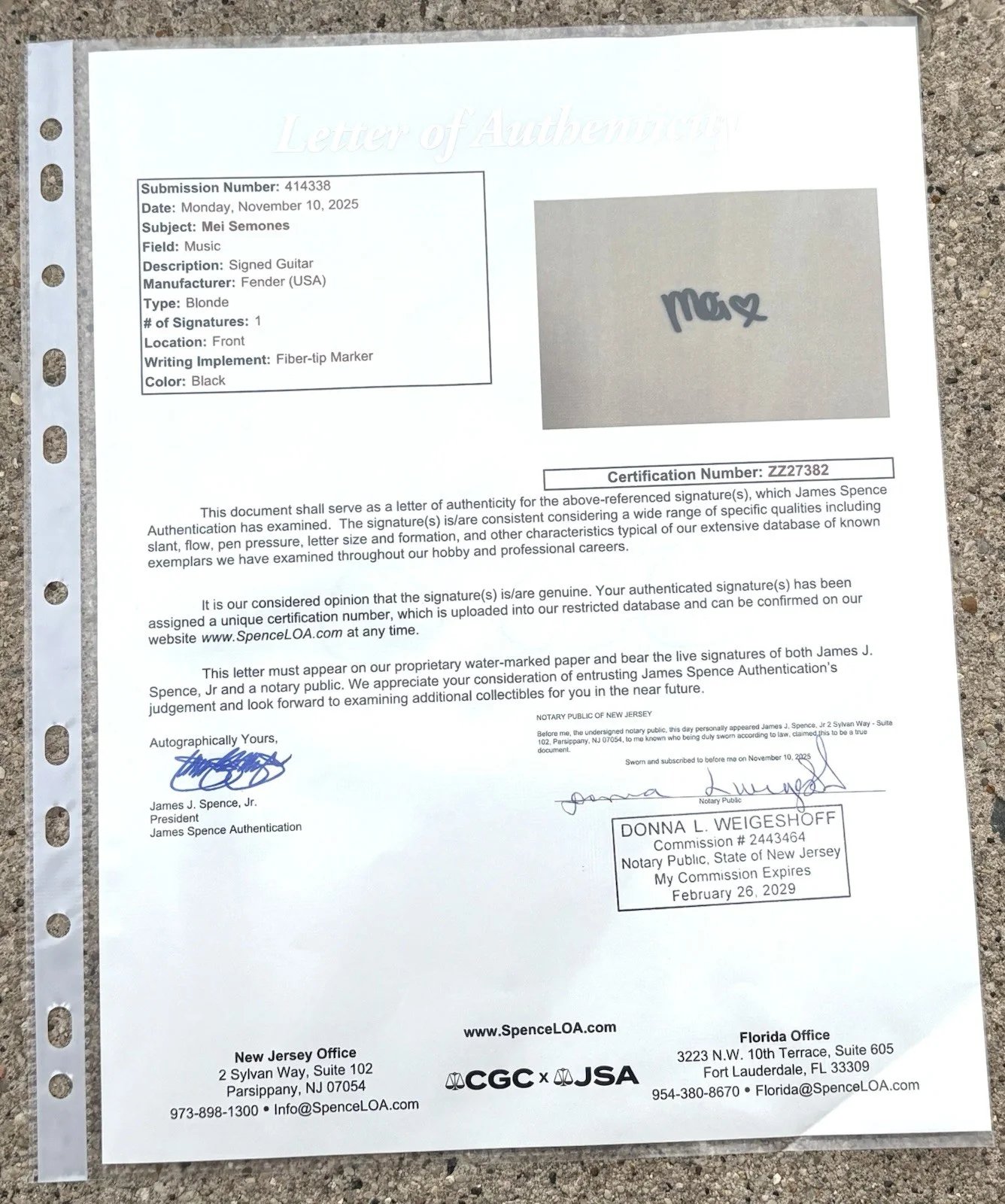 Mei Semones SIGNED Acoustic Guitar JSA LETTER OF AUTHENTICITY Dumb Feeling, изображение 4