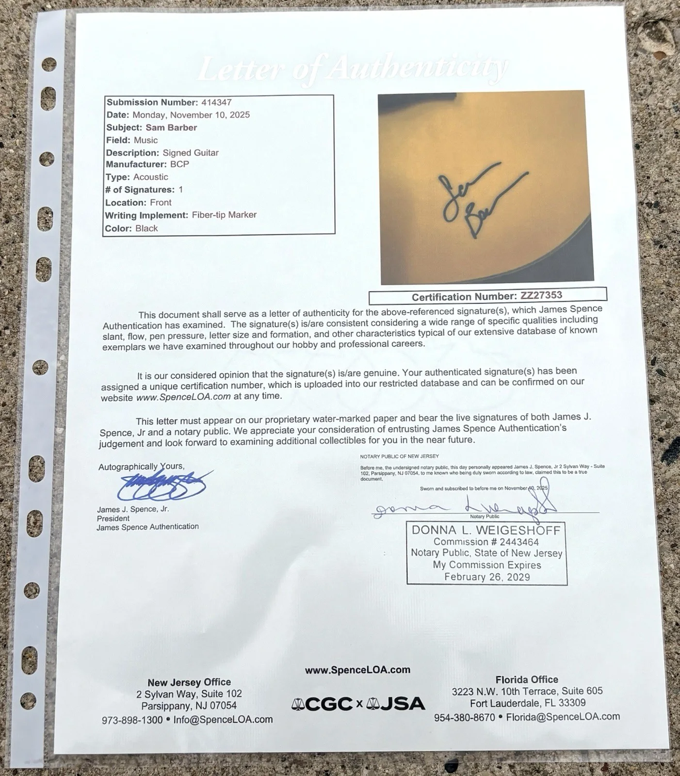 SAM BARBER SIGNED Acoustic Guitar JSA LETTER OF AUTHENTICITY Indigo, image 5