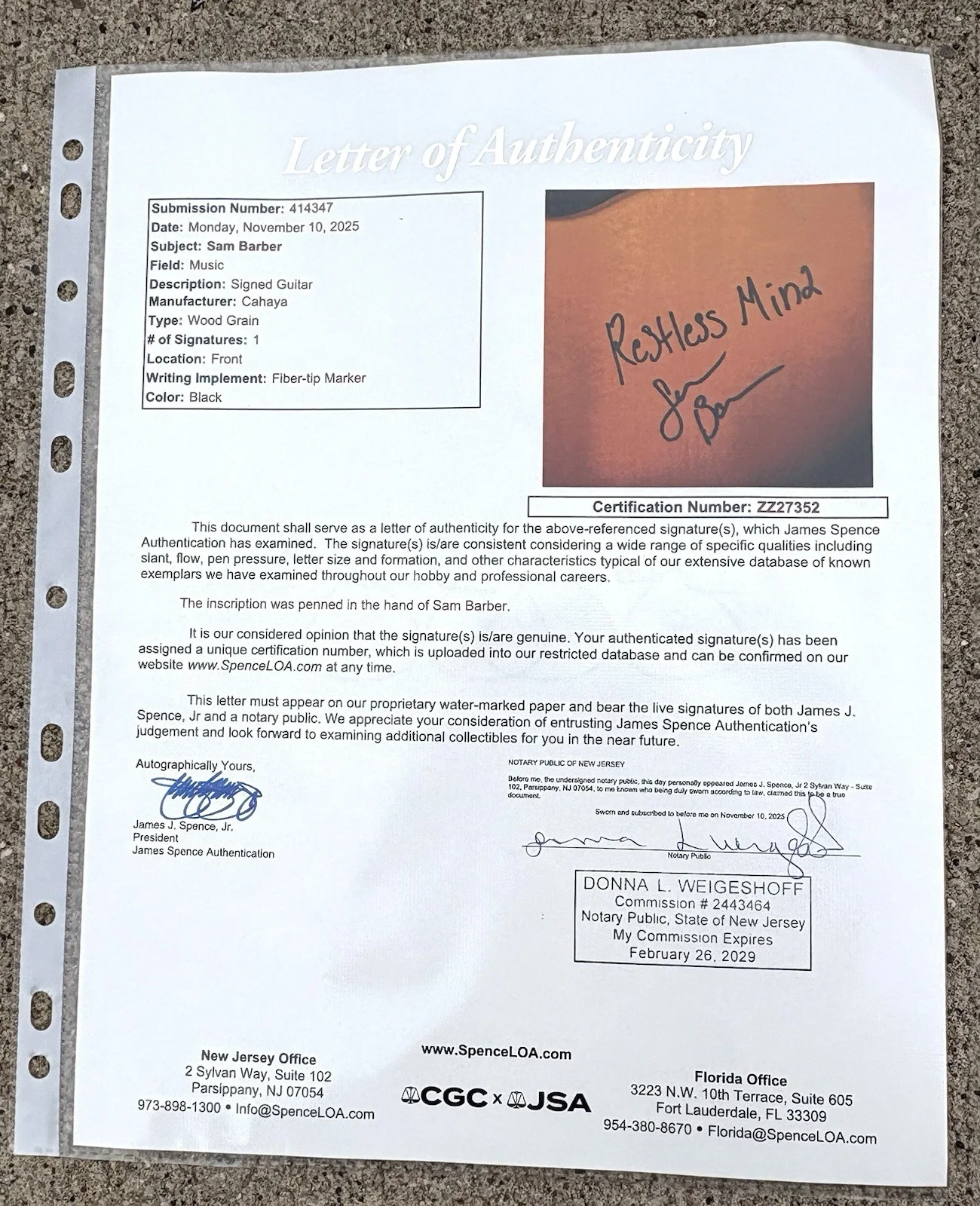 SAM BARBER SIGNED Acoustic Guitar JSA LETTER OF AUTHENTICITY Restless Mind, image 5