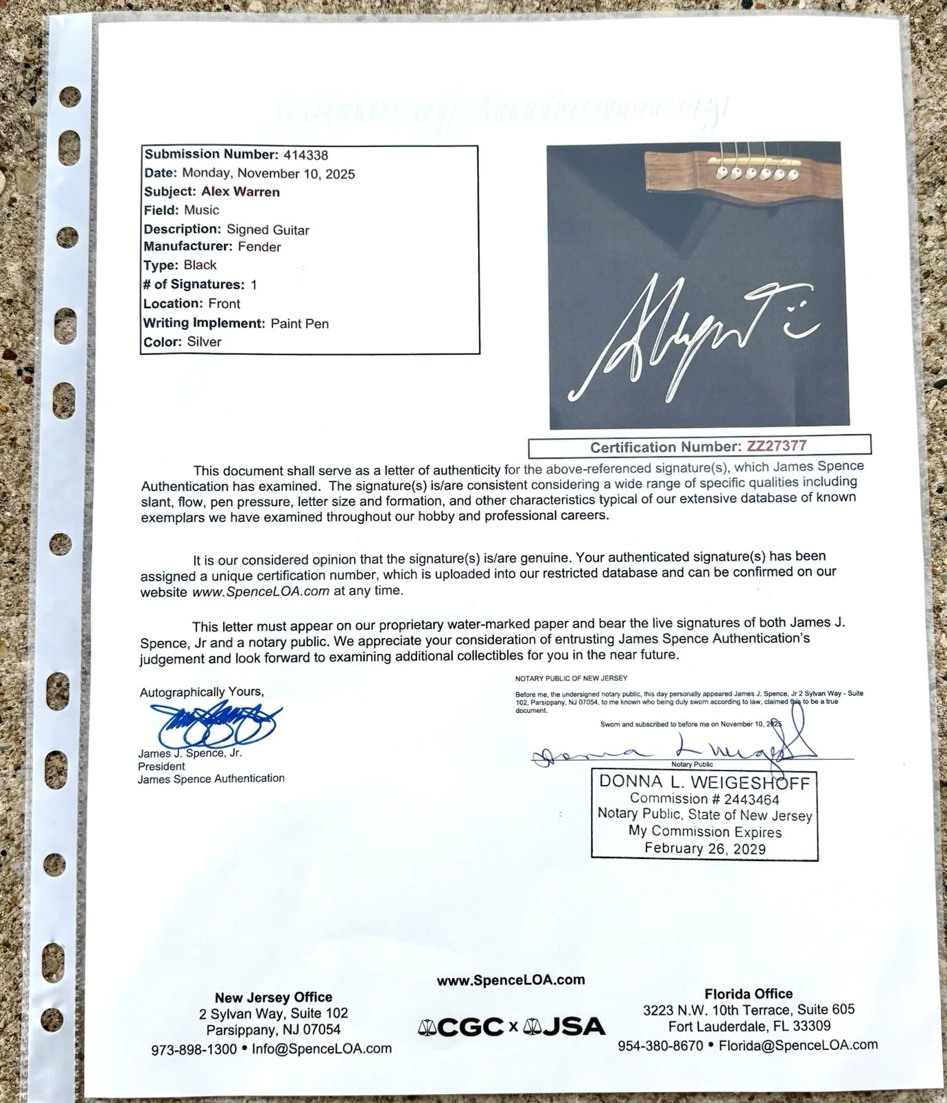 ALEX WARREN SIGNED Fender Acoustic Guitar JSA LETTER OF AUTHENTICITY Ordinary C, изображение 4