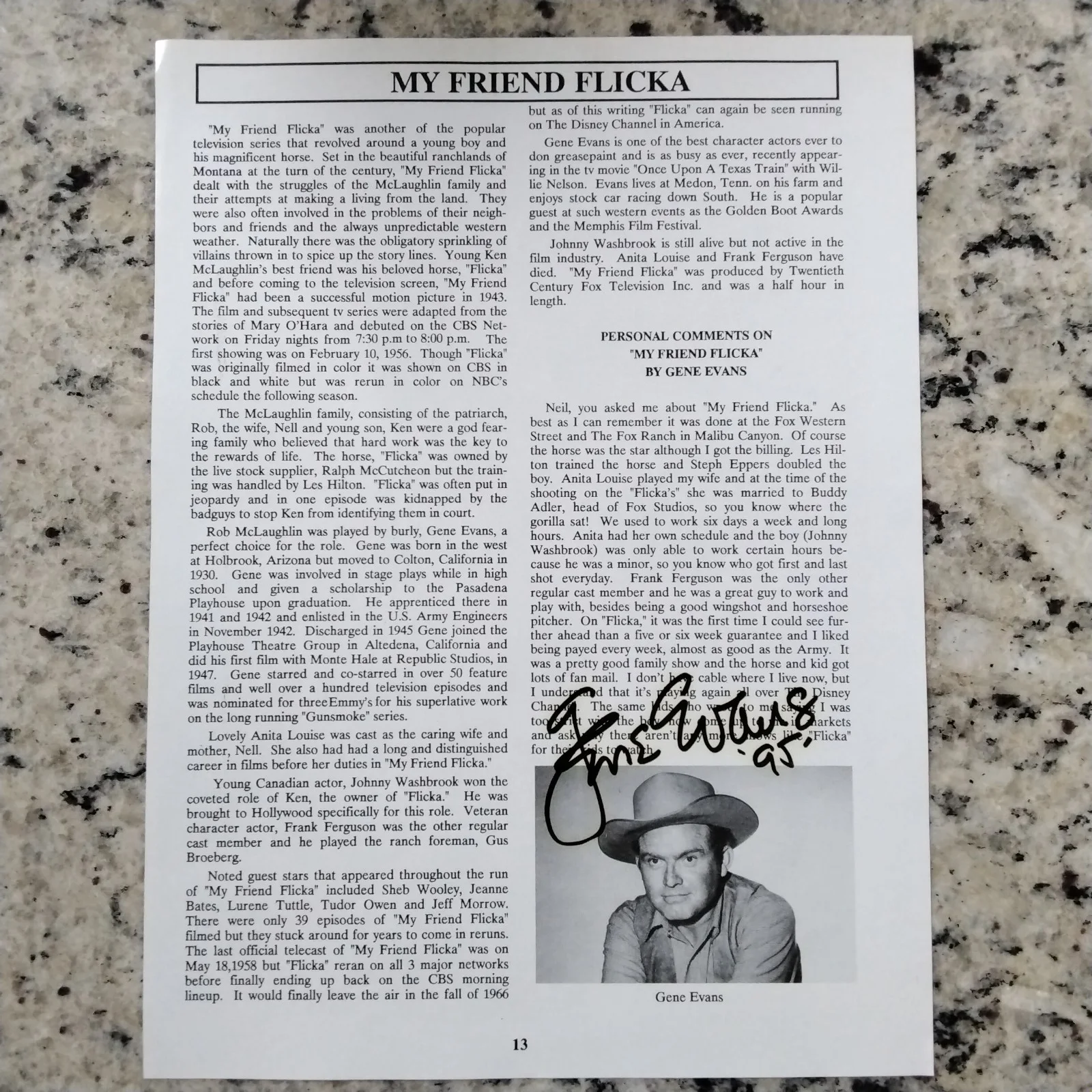 Gene Evans SIGNED Book Page 60s Movie TV Actor Operation Petticoat Friend Flicka, изображение 2