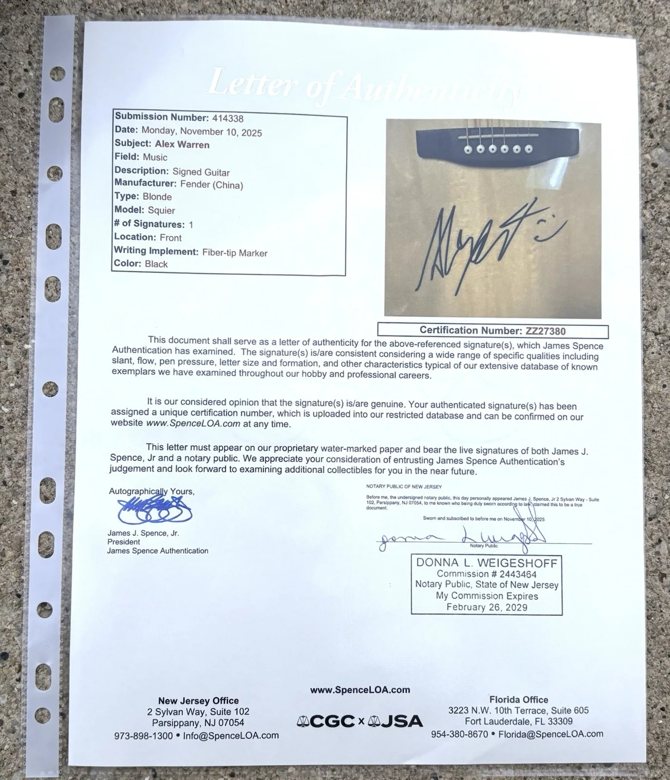 ALEX WARREN SIGNED Fender Acoustic Guitar JSA LETTER OF AUTHENTICITY Ordinary, image 5