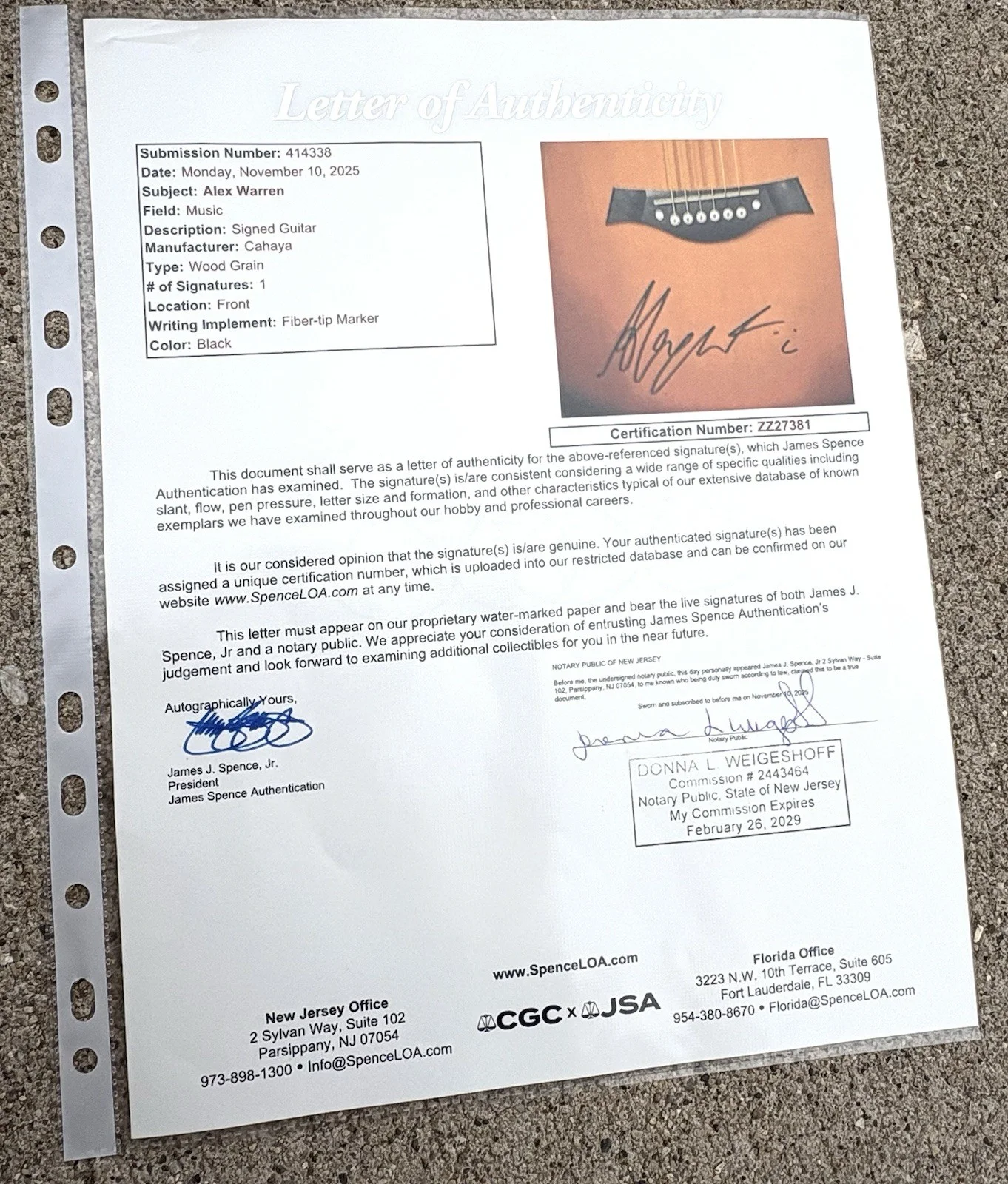 ALEX WARREN SIGNED Acoustic Guitar JSA LETTER OF AUTHENTICITY Ordinary, изображение 5