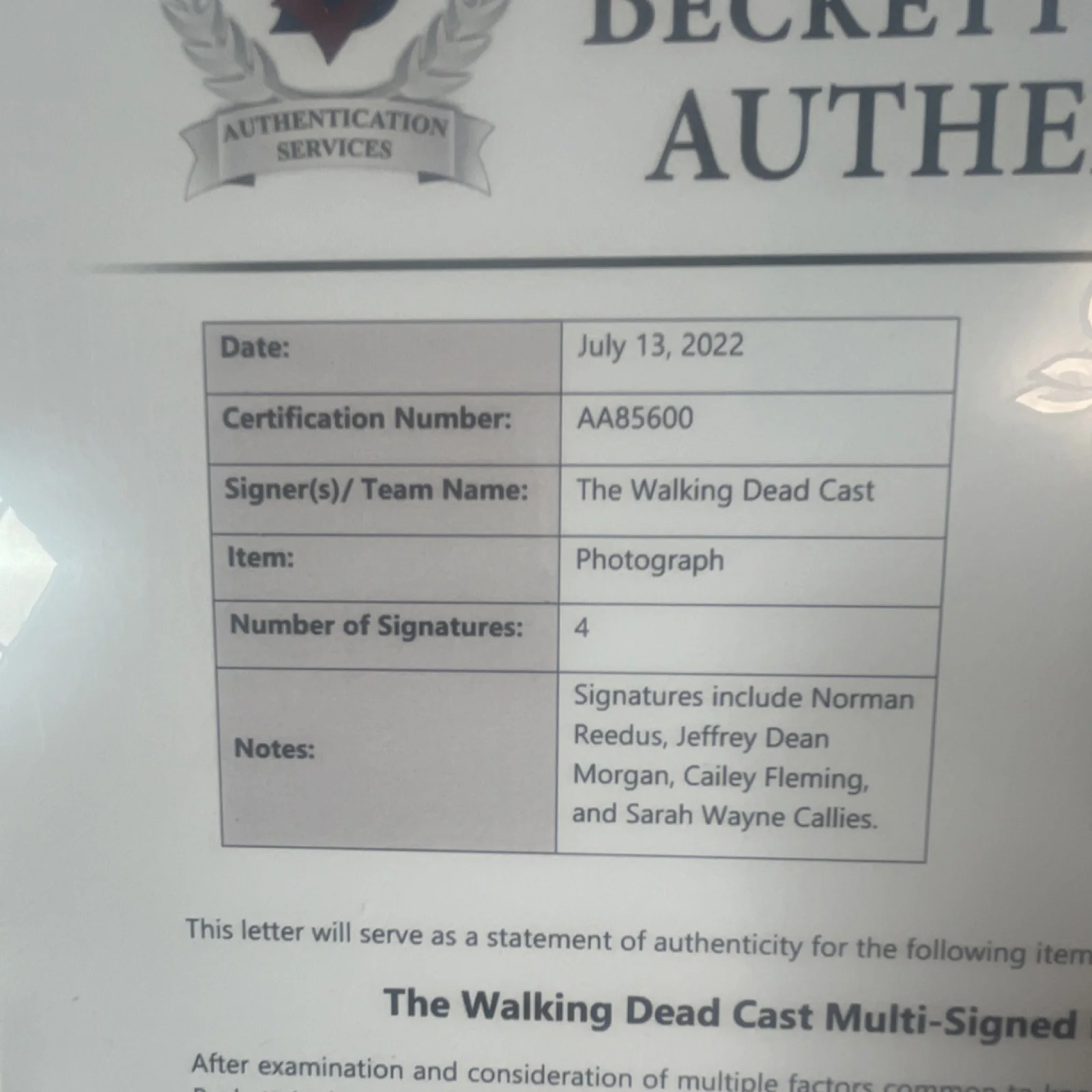 Norman Reedus, Jeffrey Dean Morgan, Cailey Fleming, Sarah Wayne — The Walking Dead Cast Signed Original Photo Beckett Norman Reedus Morgan, image 4
