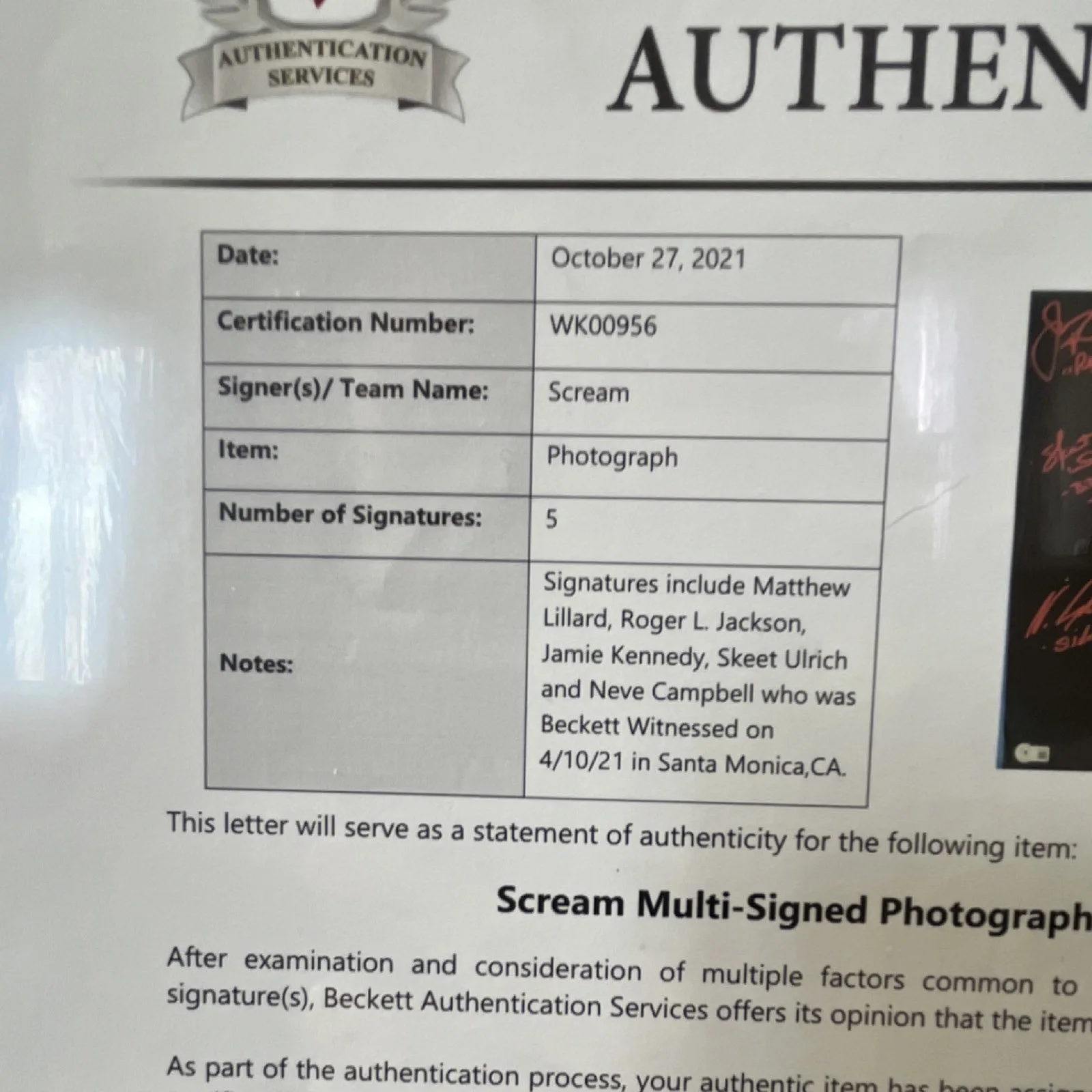 Matthew Lillard, Roger L. Jackson, Jamie Kennedy, Skeet Ulrich, Ne — Scream Multi-Signed Original Photograph Beckett Matthew Lillard, Neve Campbell, изображение 3