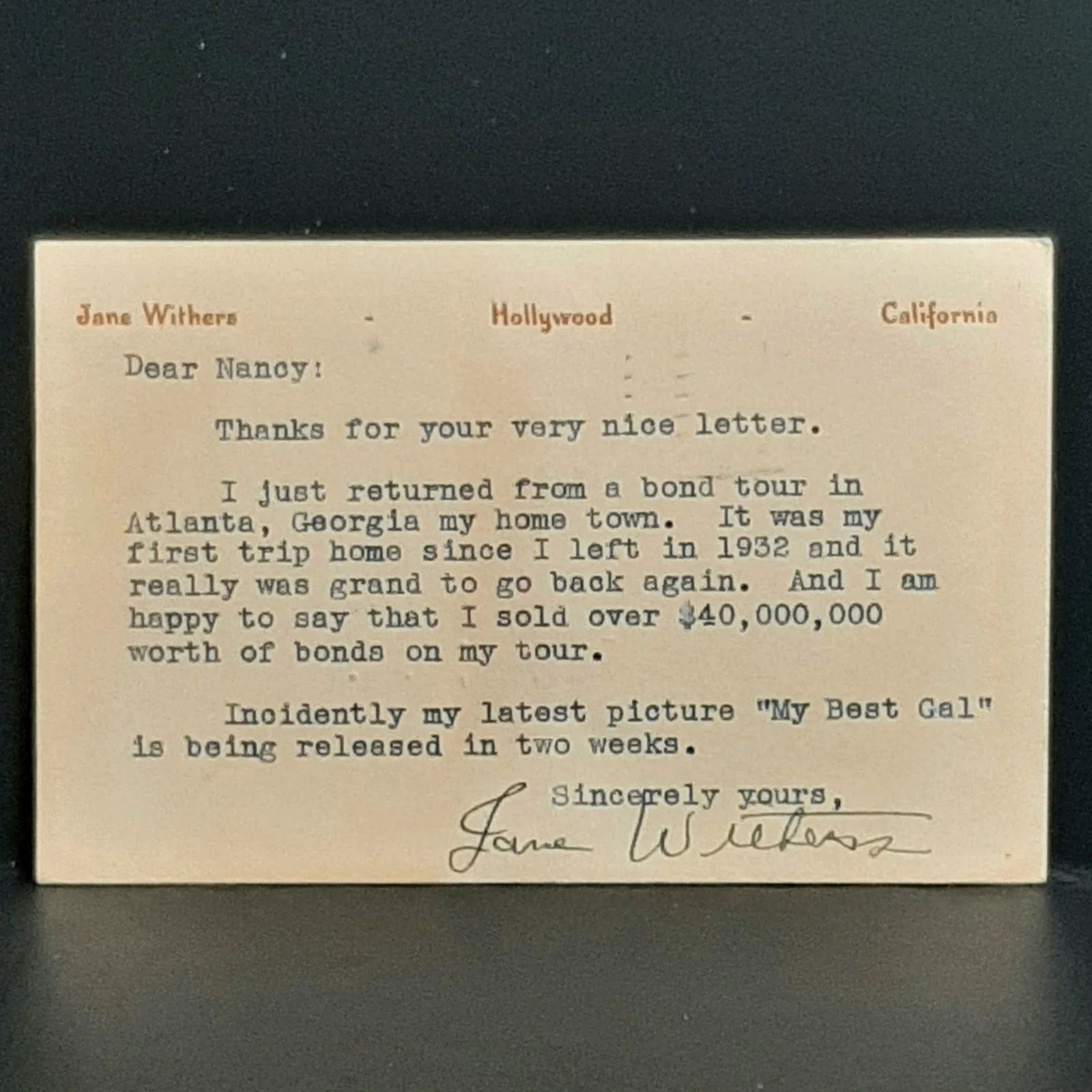 Jane Withers — 1944 Hand Signed Autographed Fan Club Postcard from Actress Jane Withers, image 2