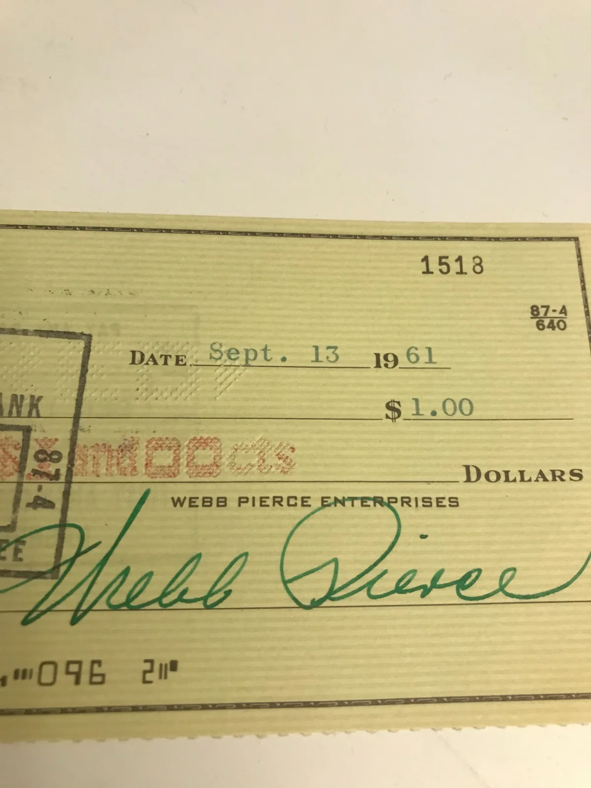 Webb Pierce Signed Autograph Check Grand Ole Opry Member Traffic Violation 1961, изображение 2