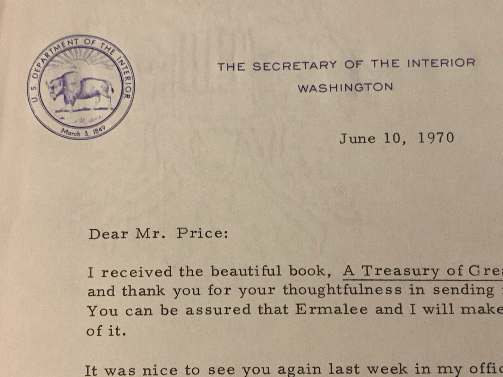 Walter Hickel — Vincent Price Estate Signed Letter From Nixon Sec. Of Interior About Cookbook15f, изображение 2
