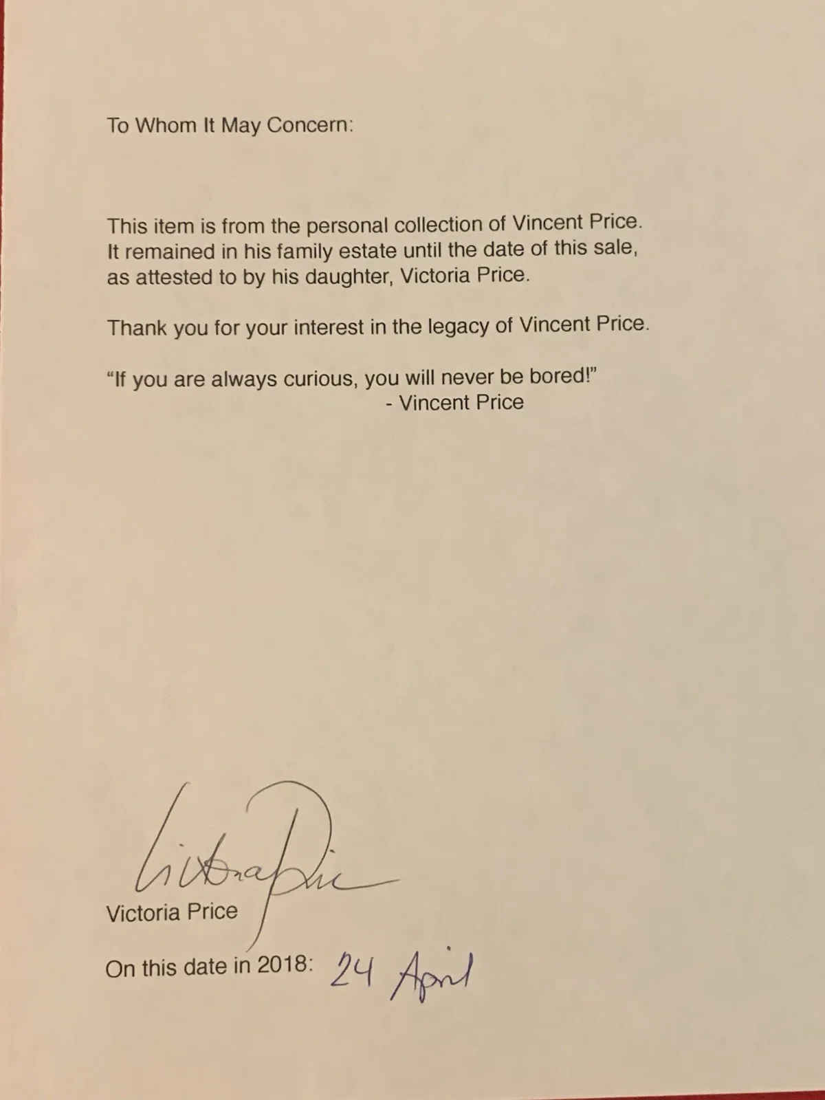 Walter Hickel — Vincent Price Estate Signed Letter From Nixon Sec. Of Interior About Cookbook15f, изображение 4