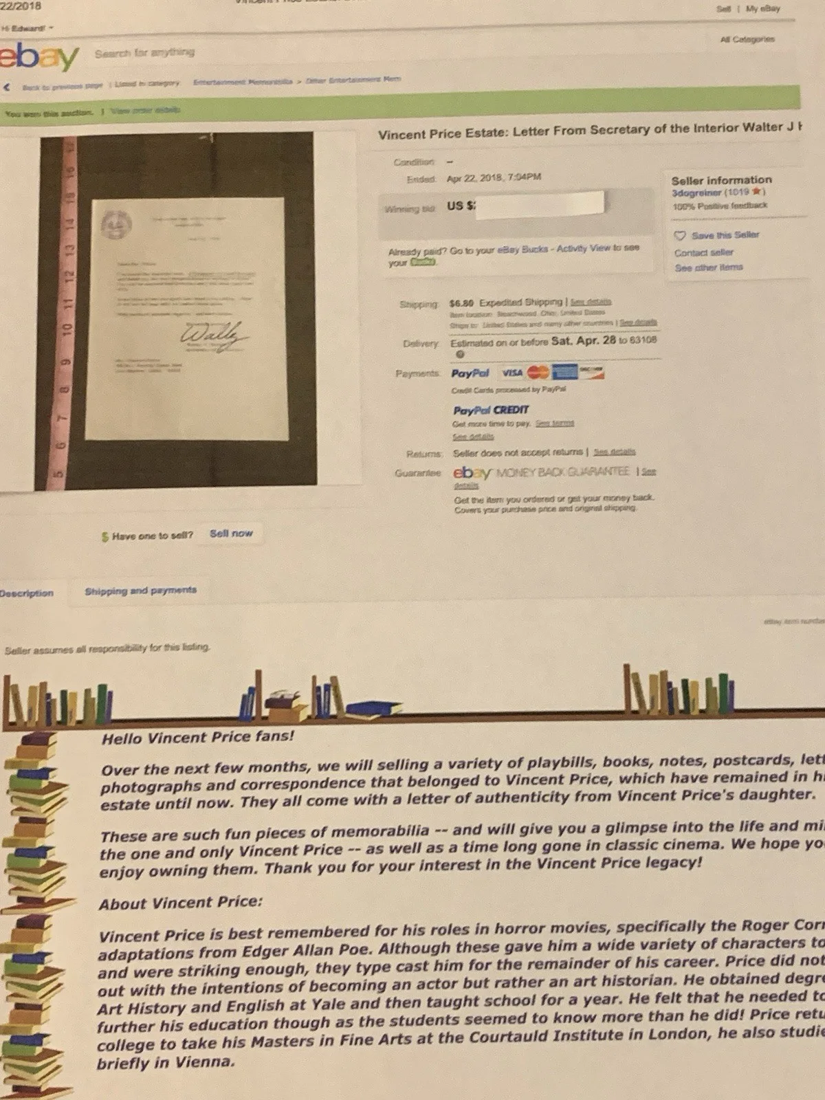 Walter Hickel — Vincent Price Estate Signed Letter From Nixon Sec. Of Interior About Cookbook15f, изображение 5