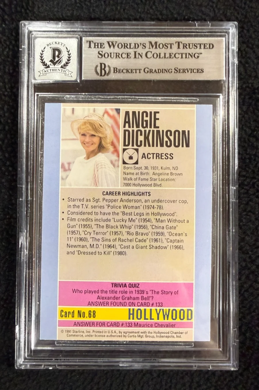 Angie Dickinson — Angie Dickinson Signed 1991 Walk Of Fame Card #68 Police Woman Beckett Auto 10, изображение 2