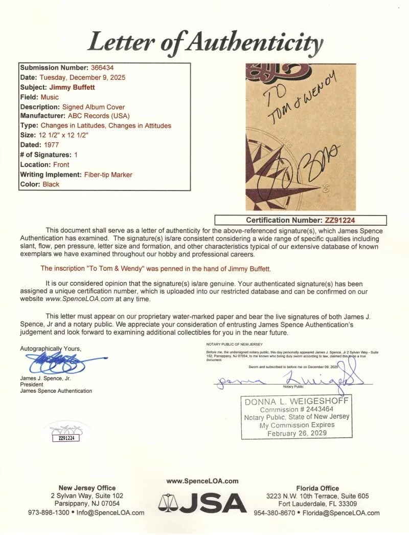 Jimmy Buffett — Jimmy Buffett Signed Autograph Album Vinyl Record - Changes in Attitudes JSA COA, image 3