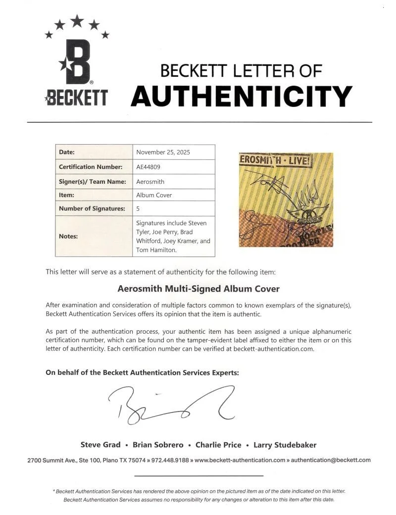 Tom Hamilton, Joey Kramer, Joe Perry, Steven Tyler, Brad Whitford — Aerosmith Full Band Signed Autograph Album Vinyl Record Live Bootleg Beckett COA, image 4