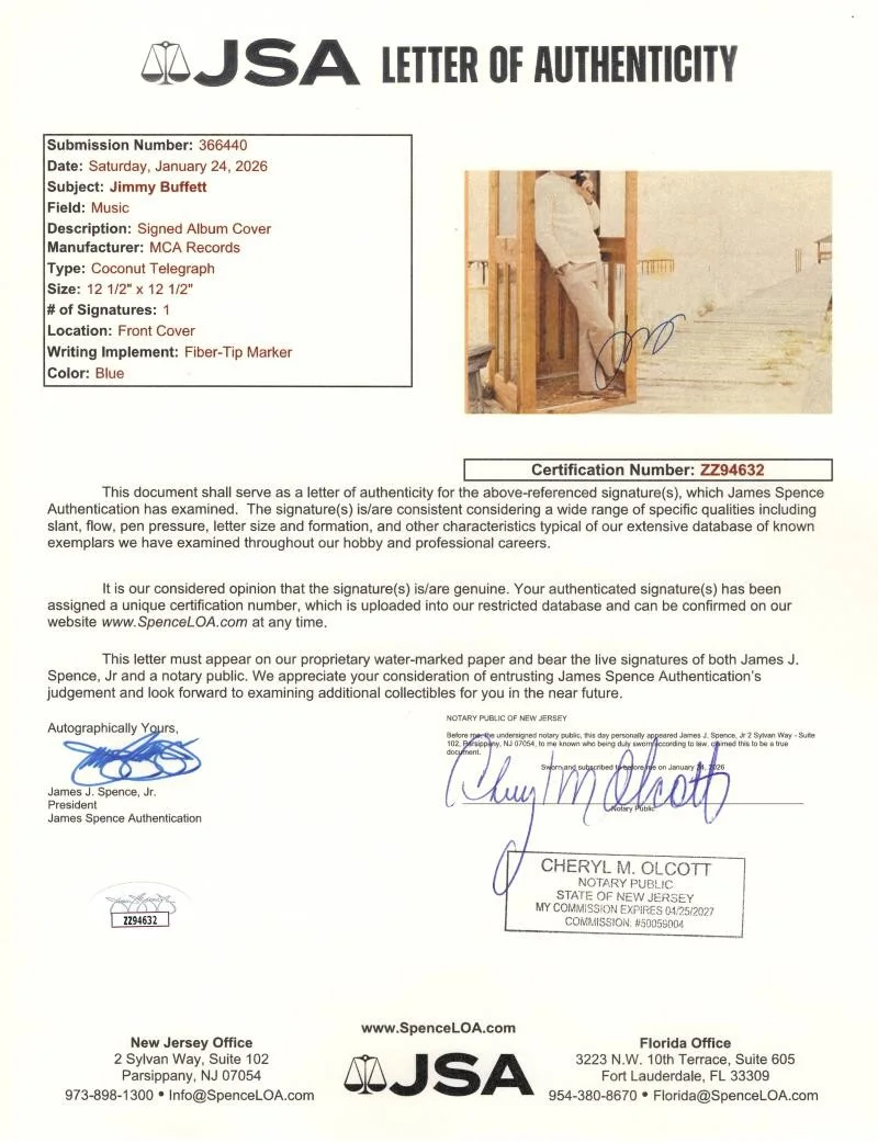 Jimmy Buffett — Jimmy Buffett Signed Autograph Album Vinyl Record LP - Coconut Telegraph JSA COA, изображение 3