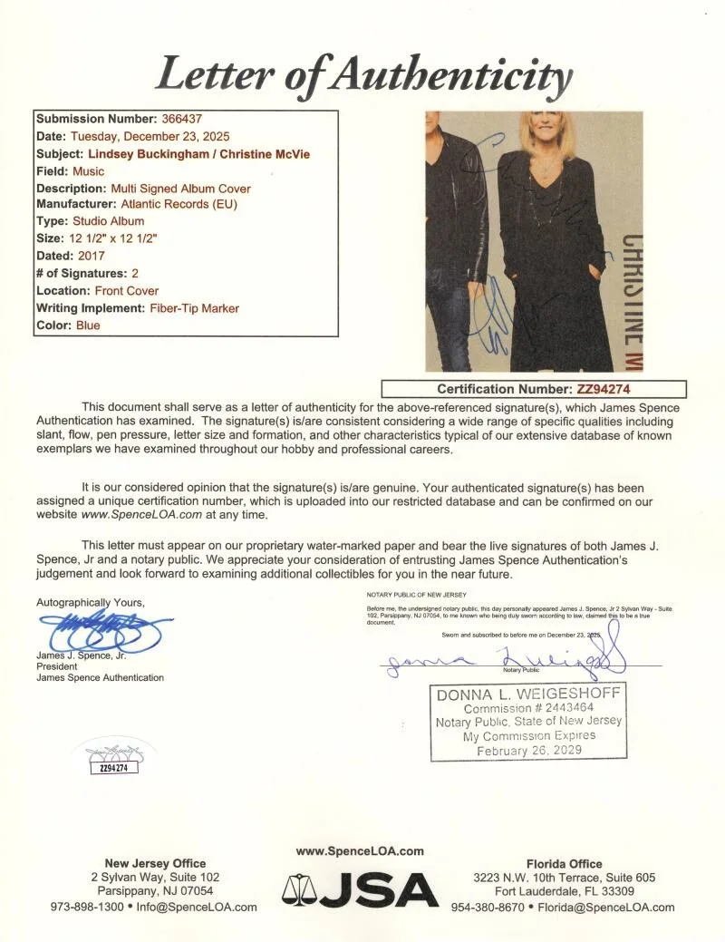 Lindsey Buckingham, Christine McVie — Lindsey Buckingham & Christine McVie Signed Autograph Album Vinyl Record JSA COA, изображение 3