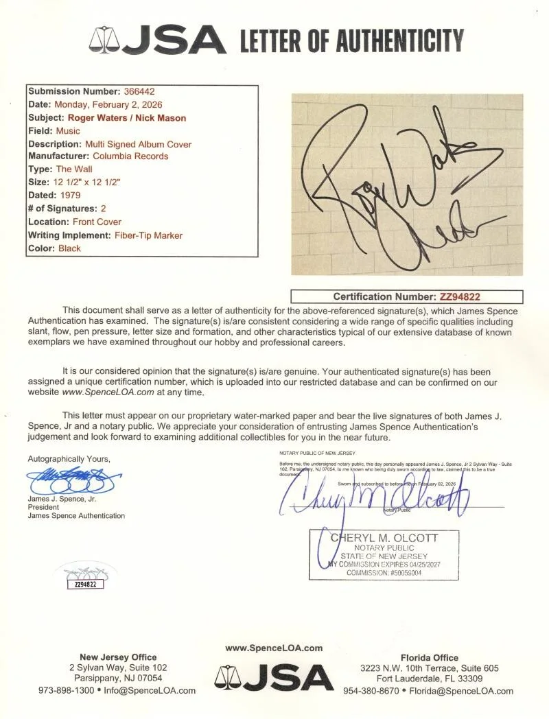 Nick Mason, Roger Waters — Roger Waters & Nick Mason Signed Autograph Pink Floyd The Wall Album Record JSA, изображение 2