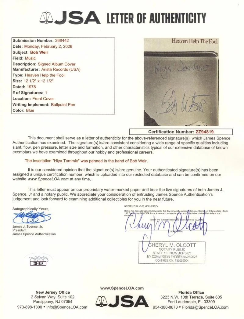 Bob Weir — Bob Weir of the Grateful Dead Signed Autograph Album Vinyl Record LP w/ JSA COA, изображение 3