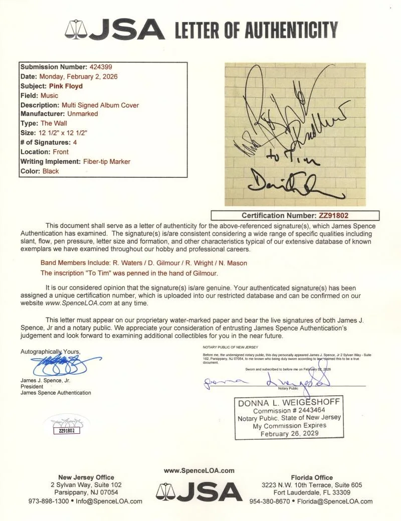 David Gilmour, Nick Mason, Roger Waters, Richard Wright — Pink Floyd Full Band Signed Autograph The Wall Album Record - David Gilmour JSA, изображение 3
