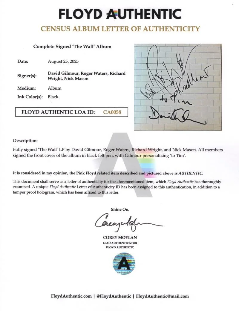 David Gilmour, Nick Mason, Roger Waters, Richard Wright — Pink Floyd Full Band Signed Autograph The Wall Album Record - David Gilmour JSA, изображение 4