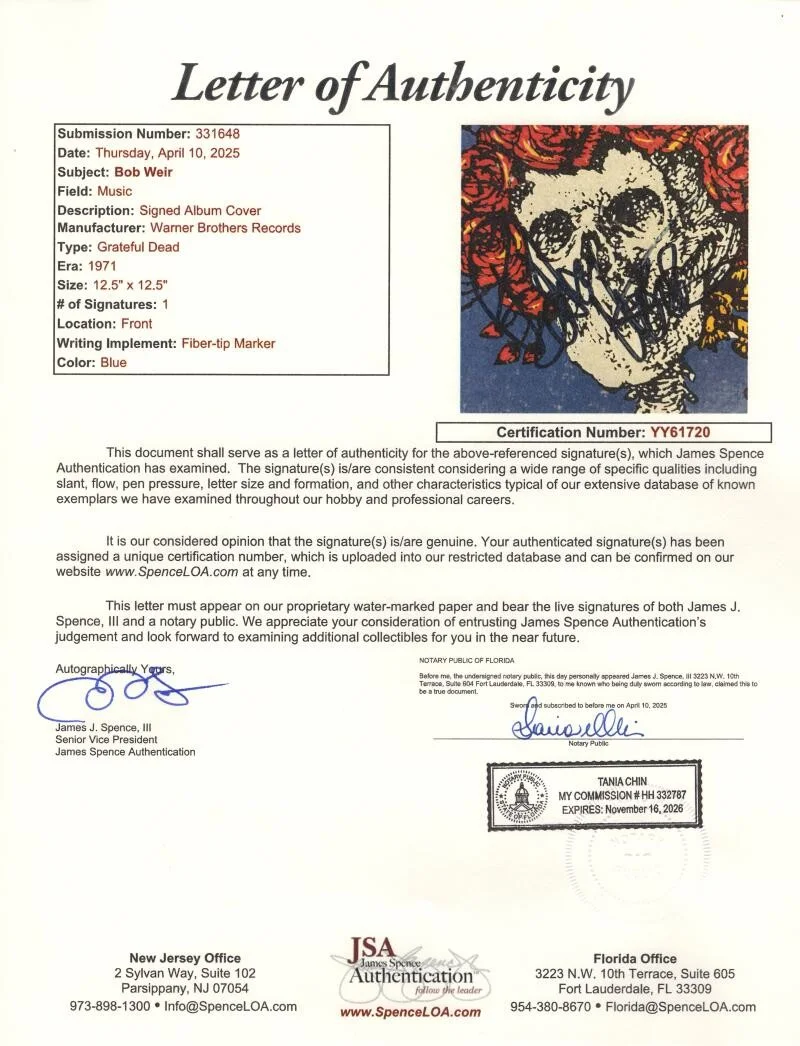 Bob Weir — Bob Weir Grateful Dead Signed Autograph Album Record Skull and Roses w/ JSA COA, изображение 4