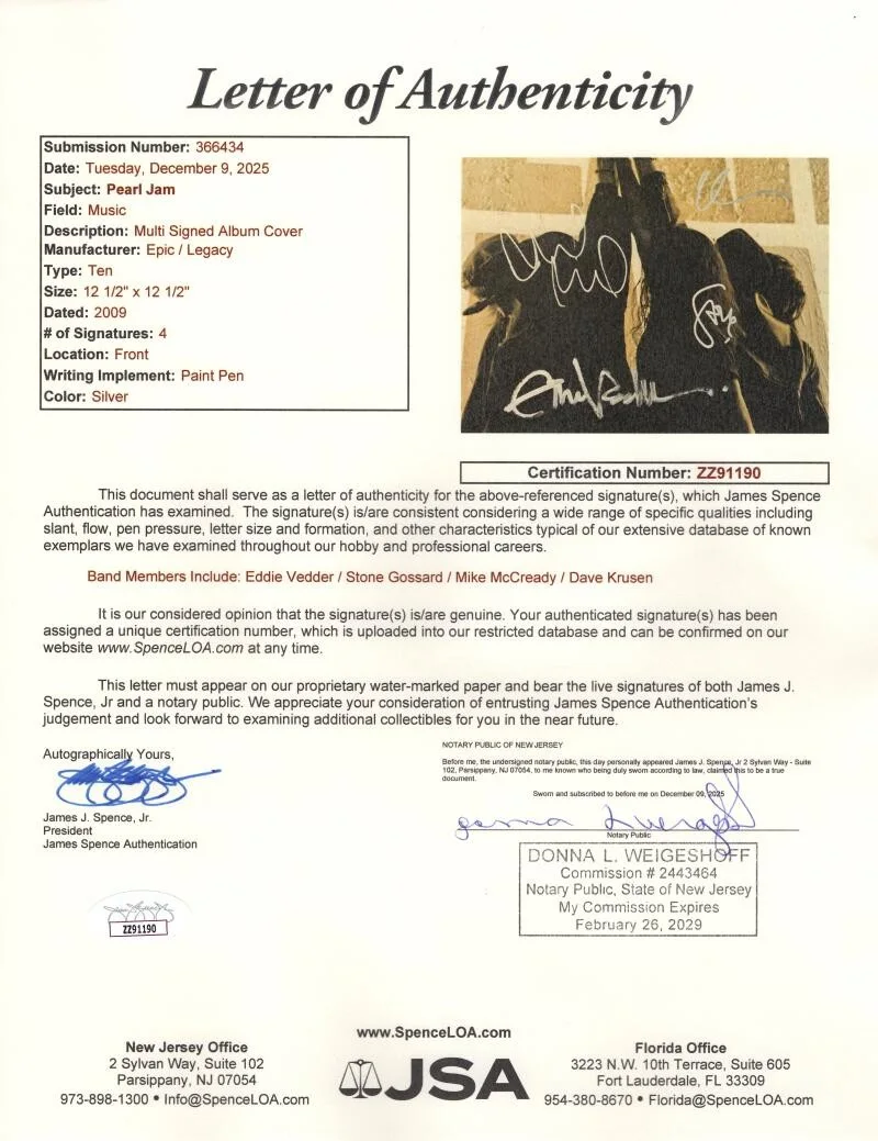 Dave Krusen, Stone Gossard, Mike McCready, Eddie Vedder — Pearl Jam Band x4 Signed Autograph Ten Album Record LP w/ Eddie Vedder JSA COA, изображение 2
