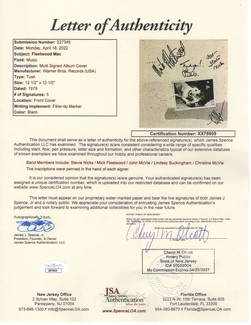 Lindsey Buckingham. Mick Fleetwood, Christine McVie, John McVie — Fleetwood Mac Full Band Signed Autograph Album Record Stevie Nicks Mick JSA COA, изображение 2