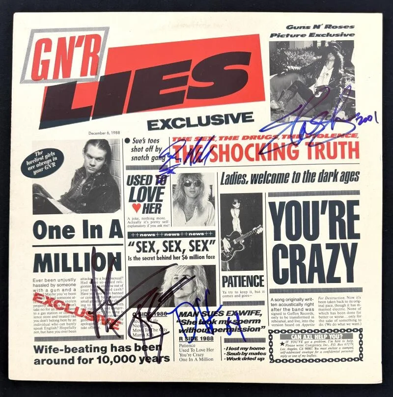 Steven Adler, Duff McKagan, Axl Rose, Slash — Guns N Roses Band x4 Signed Autograph Album Vinyl Record LP - Lies w/ JSA COA