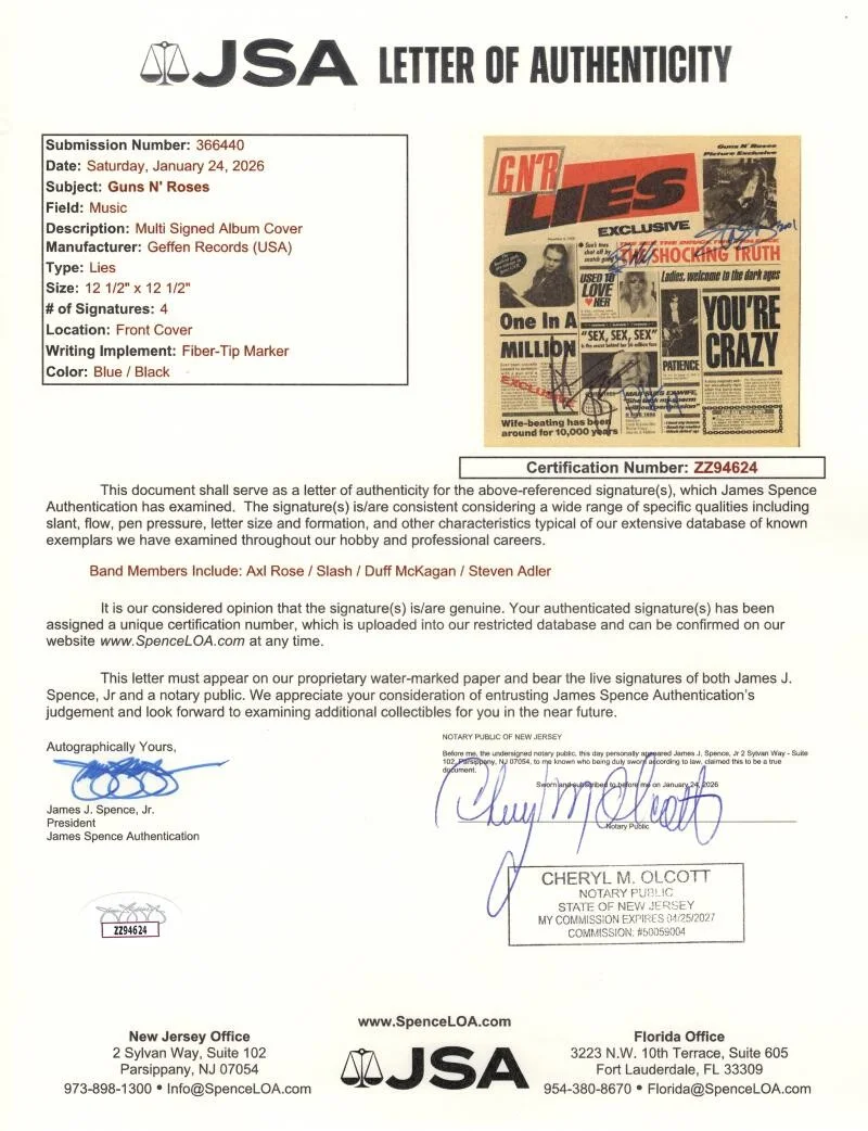 Steven Adler, Duff McKagan, Axl Rose, Slash — Guns N Roses Band x4 Signed Autograph Album Vinyl Record LP - Lies w/ JSA COA, изображение 2