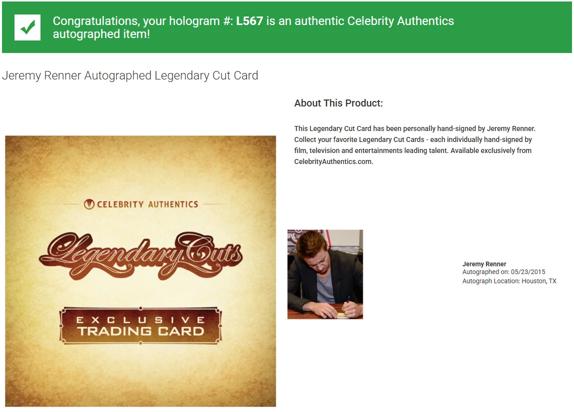 Jeremy Renner — Jeremy Renner Signed/Auto Celebrity Authentics Legendary Cuts Hawkeye/Kingstown, image 3
