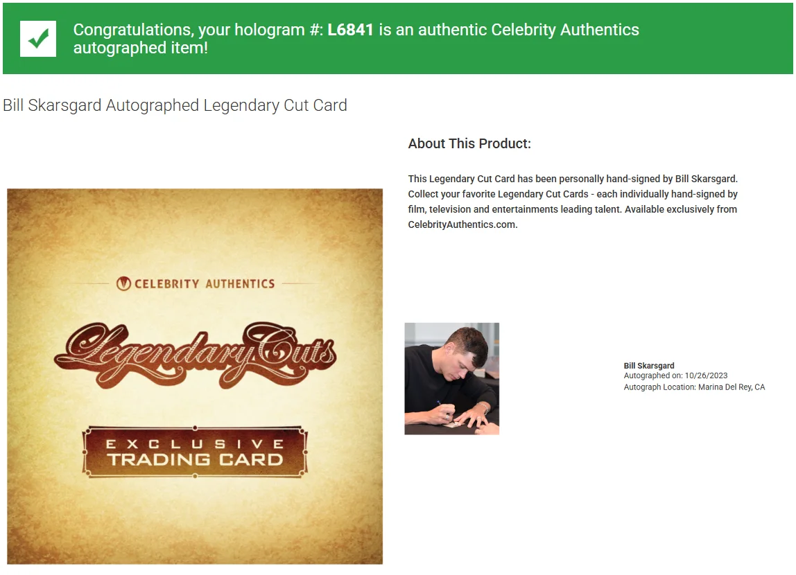 Bill Skarsgard — Bill Skarsgard Signed/Auto Celebrity Authentics Legendary Cuts Pennywise/IT/Crow, image 3