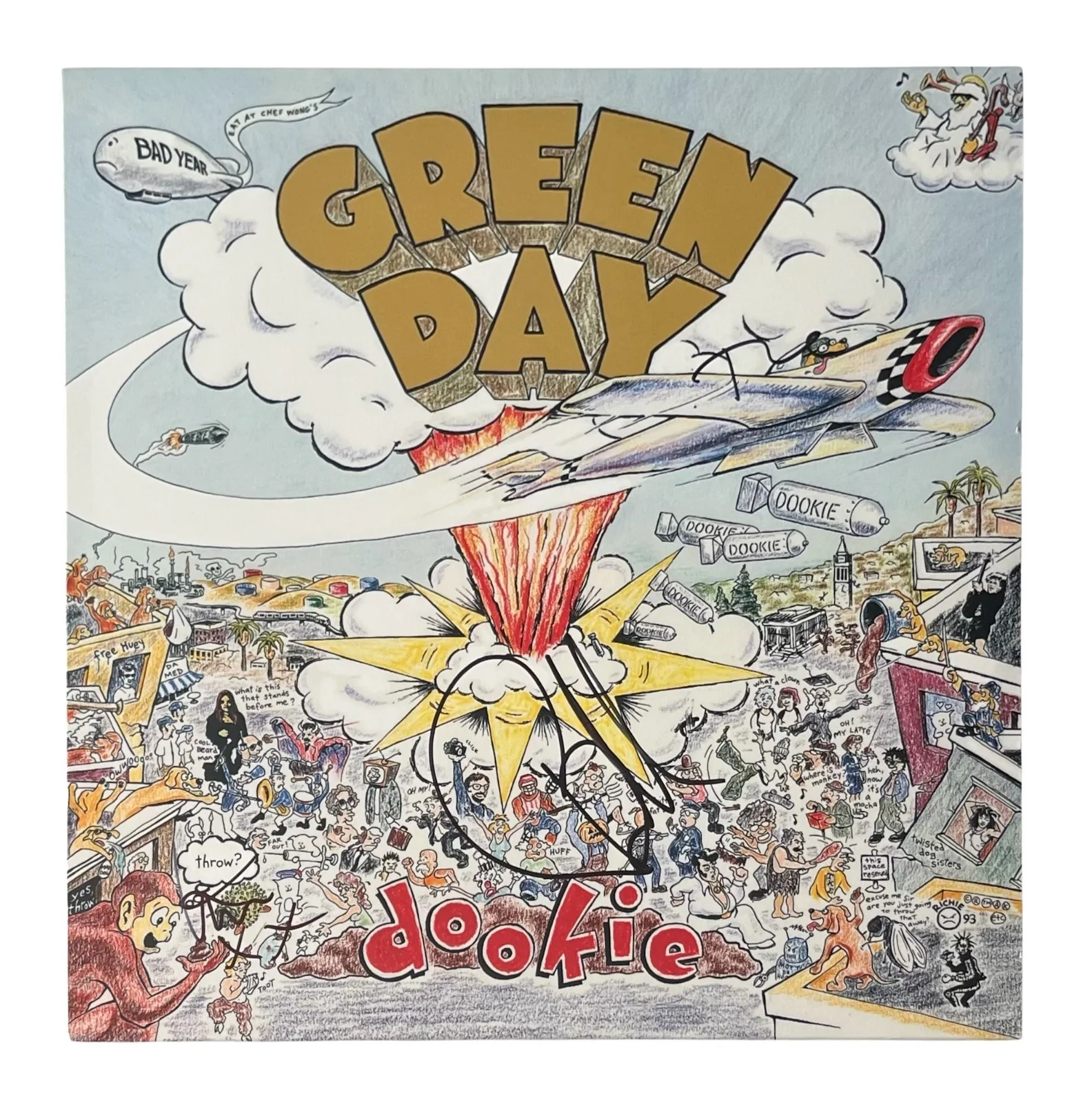 GREEN DAY x3 BILLIE JOE ARMSTRONG Band Signed DOOKIE Vinyl Record EPPERSON COA, image 2