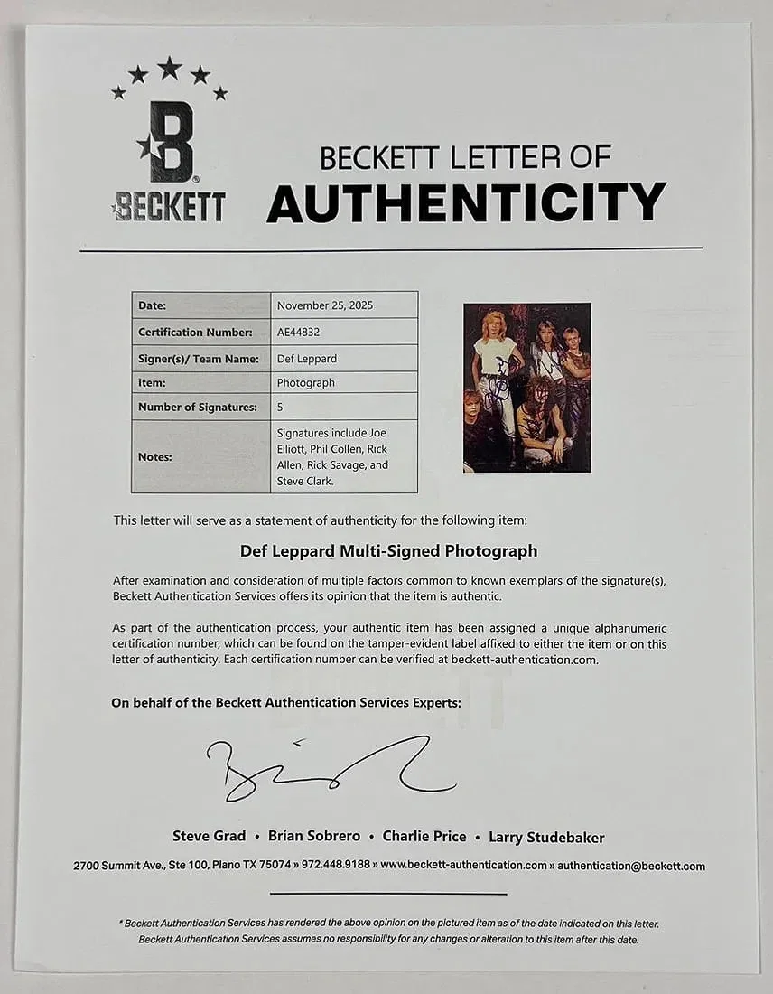 DEF LEPPARD FULLY SIGNED COLOR PHOTO X5 S. CLARK COA BECKETT AUTHENTICATION!!, image 3