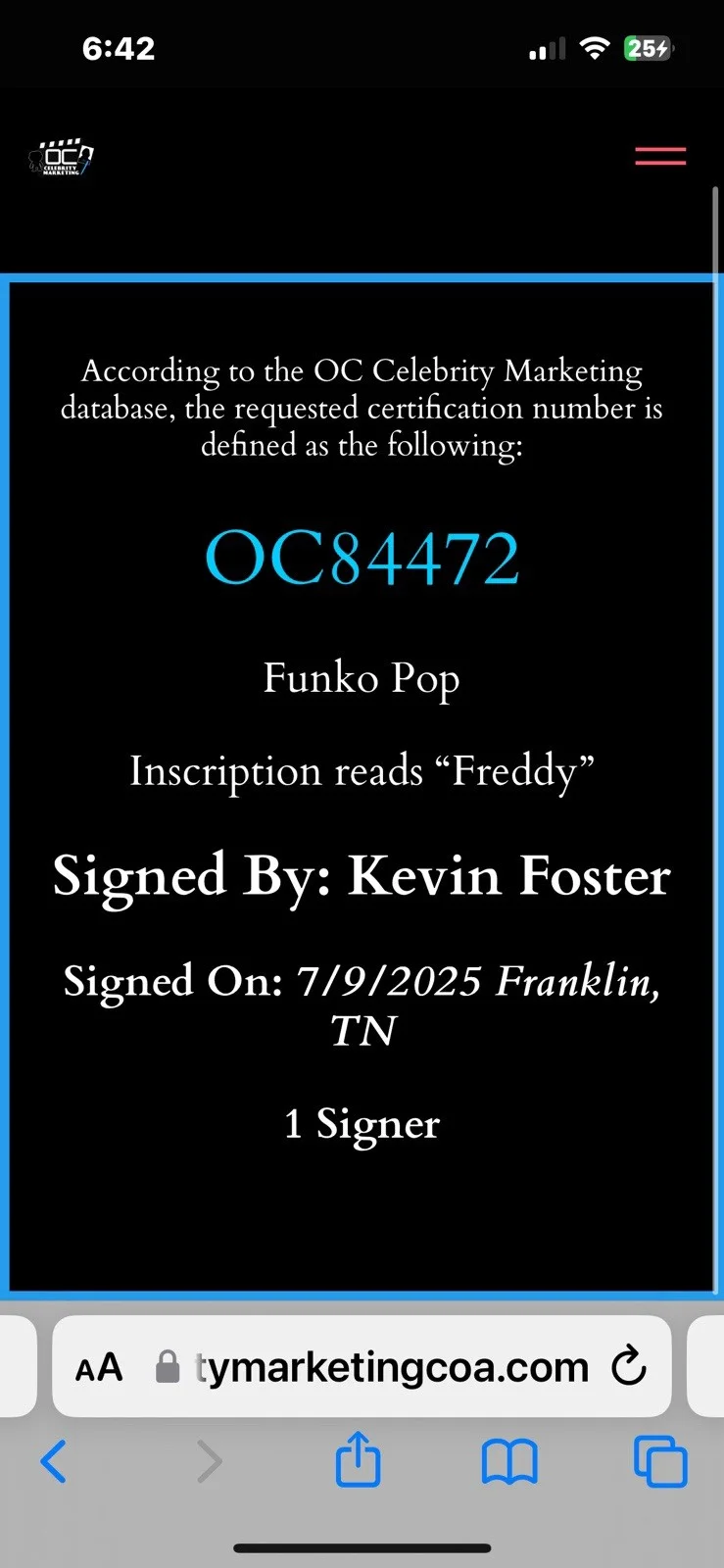 Kevin Foster — Funko Five Nights At Freddy’s 1086 Withered Freddy Signed Kevin Foster OCCM Oran, image 5