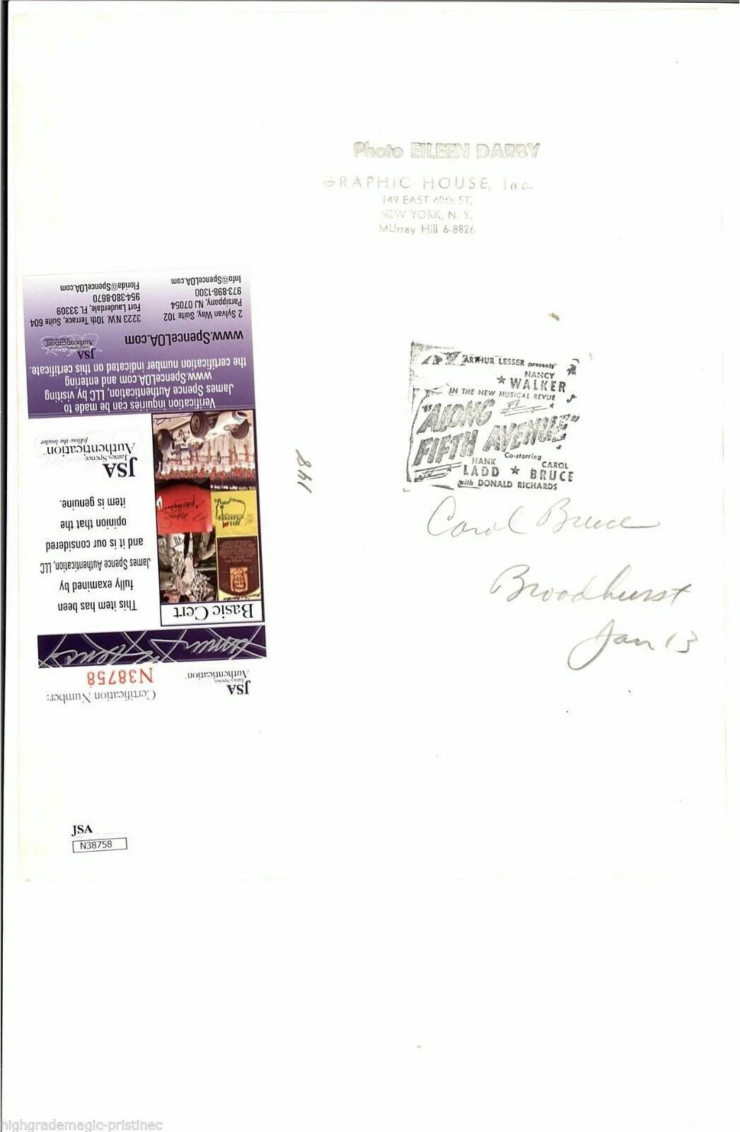 CAROL BRUCE SIGNED JSA 1949 ALONG FIFTH AVE SEE BACK 8X10 AUTHENTICATED #N38758, image 2