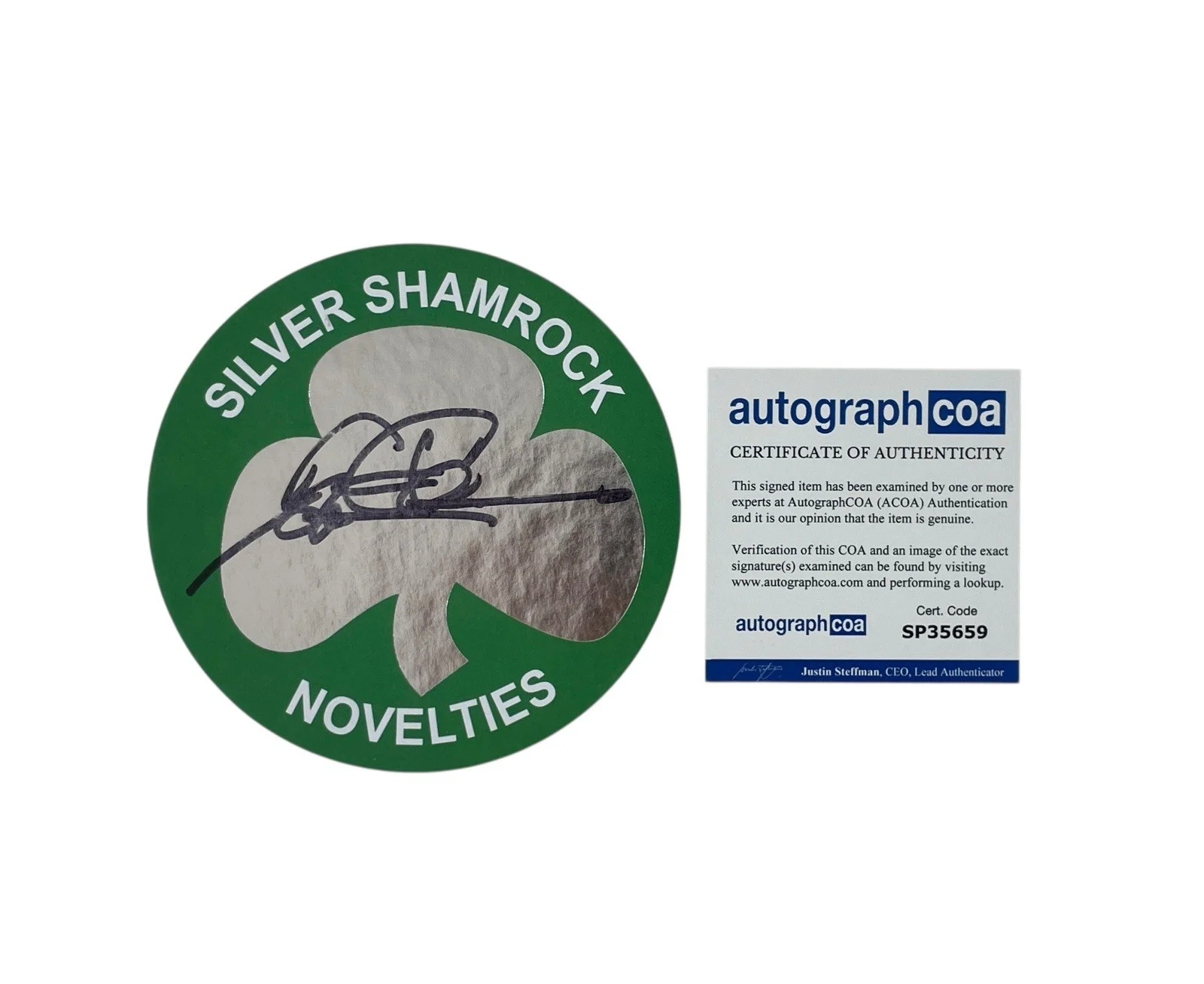 Tom Atkins — Tom Atkins Signed Halloween III Season of the Witch Silver Shamrock Coaster ACOA