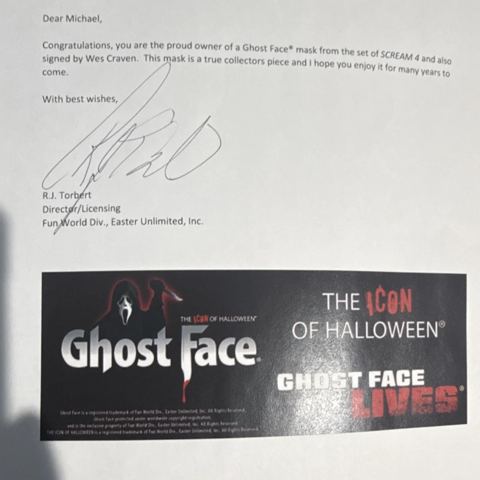 Fun World Ghost Face Mask Scream 4 Signed by Wes Craven with COA, image 3