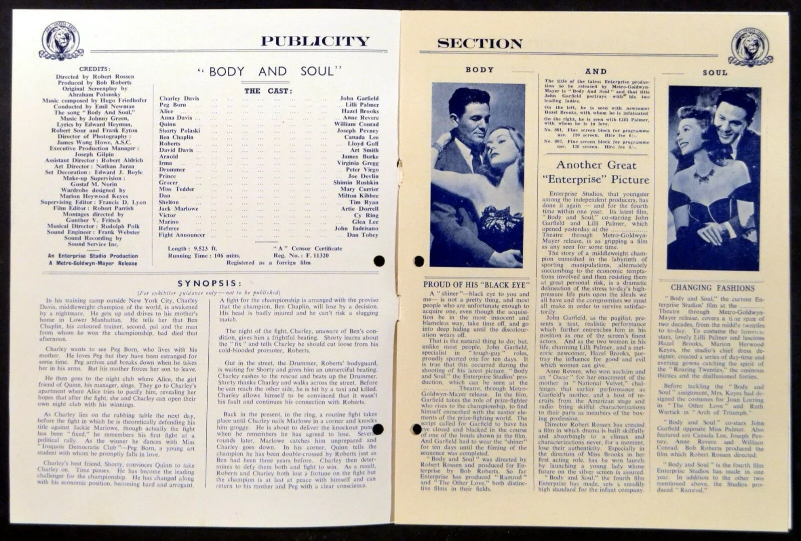 BODY AND SOUL 1947 John Garfield, Lilli Palmer, Hazel Brooks UK CAMPAIGN BOOK, изображение 2