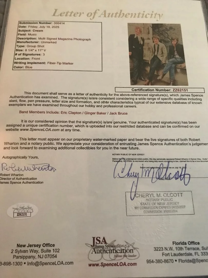 CREAM FULLY SIGNED MAGAZINE PAGE PHOTO 95' REUNION TOUR X3 FULL COA ROGER & JSA, изображение 4