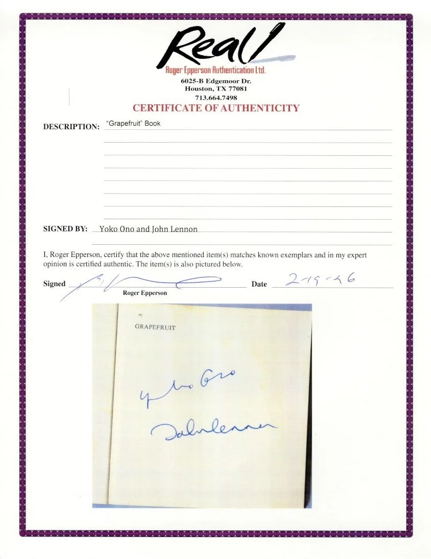 JOHN LENNON & YOKO ONO SIGNED GRAPEFRUIT BOOK BY YOKO FULL COA ROGER EPPERSON, image 3
