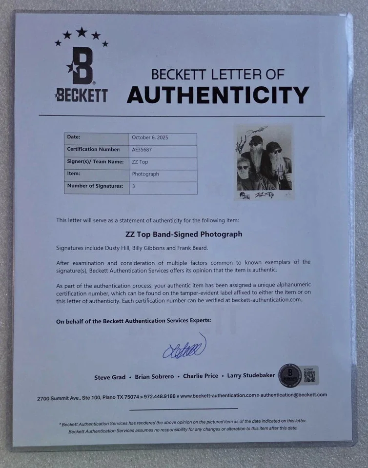 ZZ TOP FULLY SIGNED PROMO PHOTO X3 FULL COA BECKETT AUTHENTICATION NICE SIGS!!, изображение 3