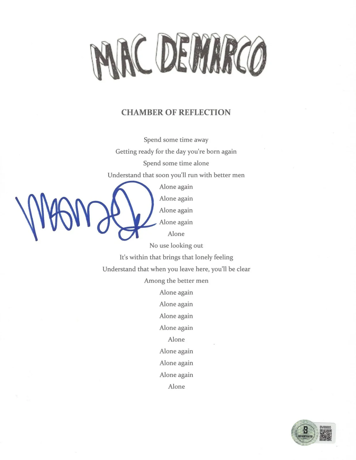 MAC DEMARCO SIGNED 'CHAMBER OF REFLECTION' LYRIC MUSIC SHEET BECKETT COA, изображение 2