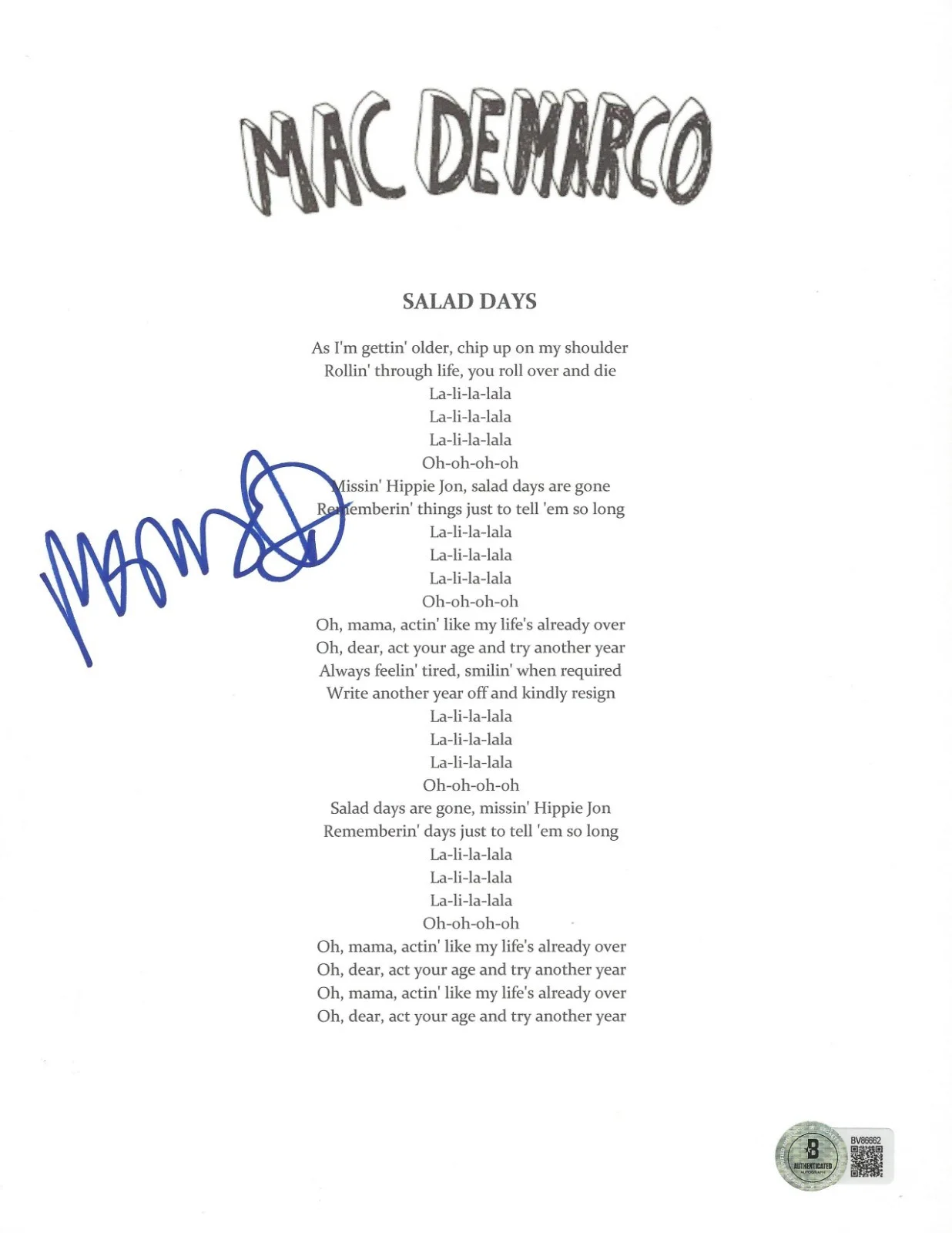 MAC DEMARCO SIGNED 'SALAD DAYS' LYRIC MUSIC SHEET SINGER ALBUM BECKETT COA, изображение 2