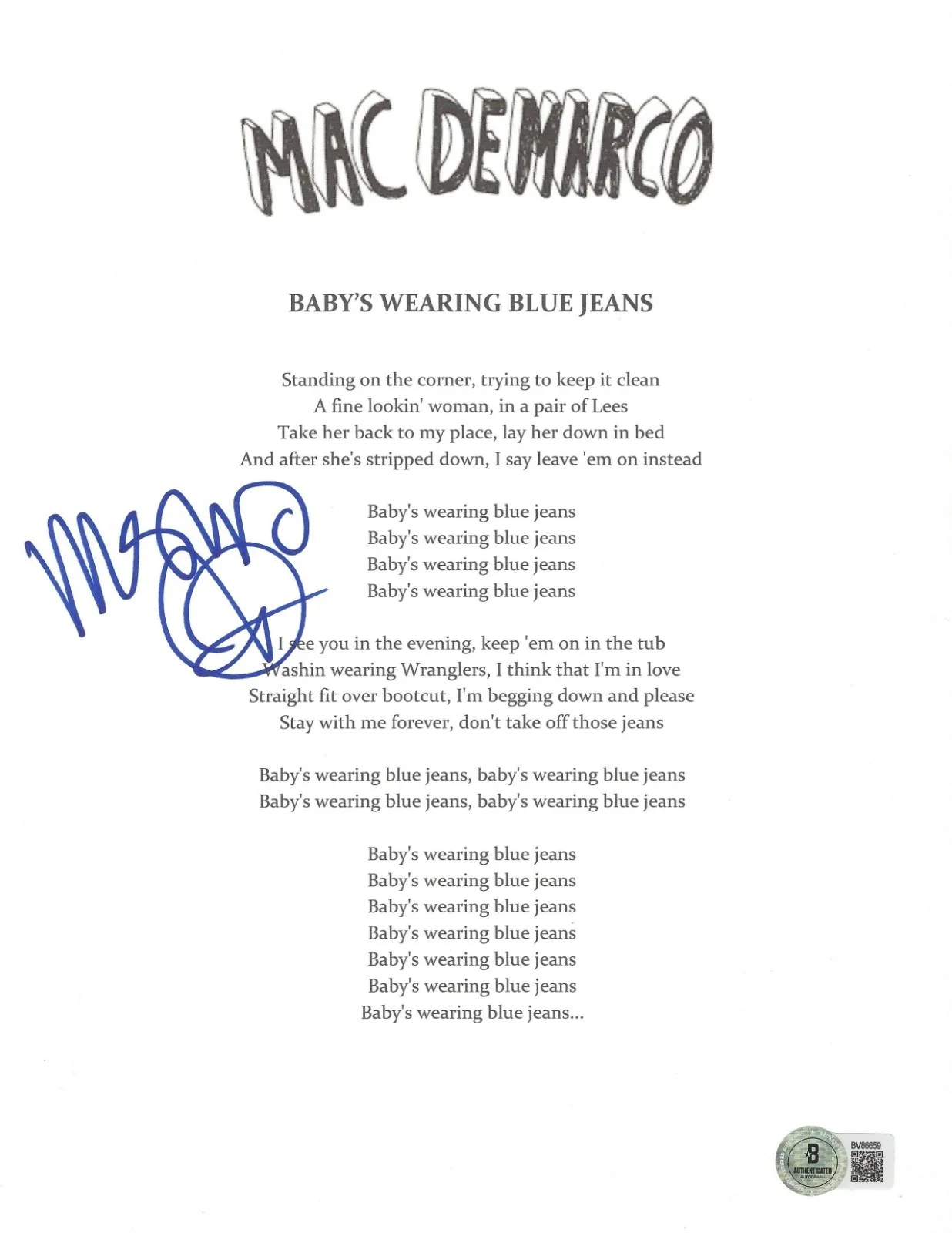 MAC DEMARCO SIGNED 'BABY'S WEARING BLUE JEANS' LYRIC MUSIC SHEET BECKETT COA, изображение 2