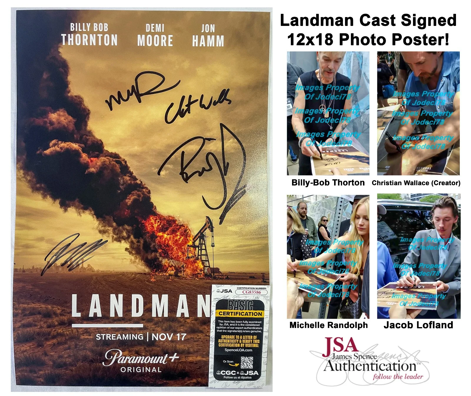 Billy Bob Thornton, Michelle Randolph, Jacob Lofland — Billy Bob Thornton Michelle Randolph 4 Cast Signed LANDMAN 12x18 Photo PROOF JSA