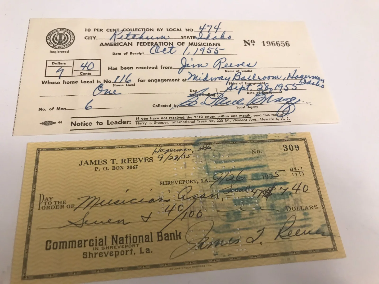 Jim Reeves — JIM REEVES Signed cancel check American Fed Musicians Receipt 1955 Midway Idaho