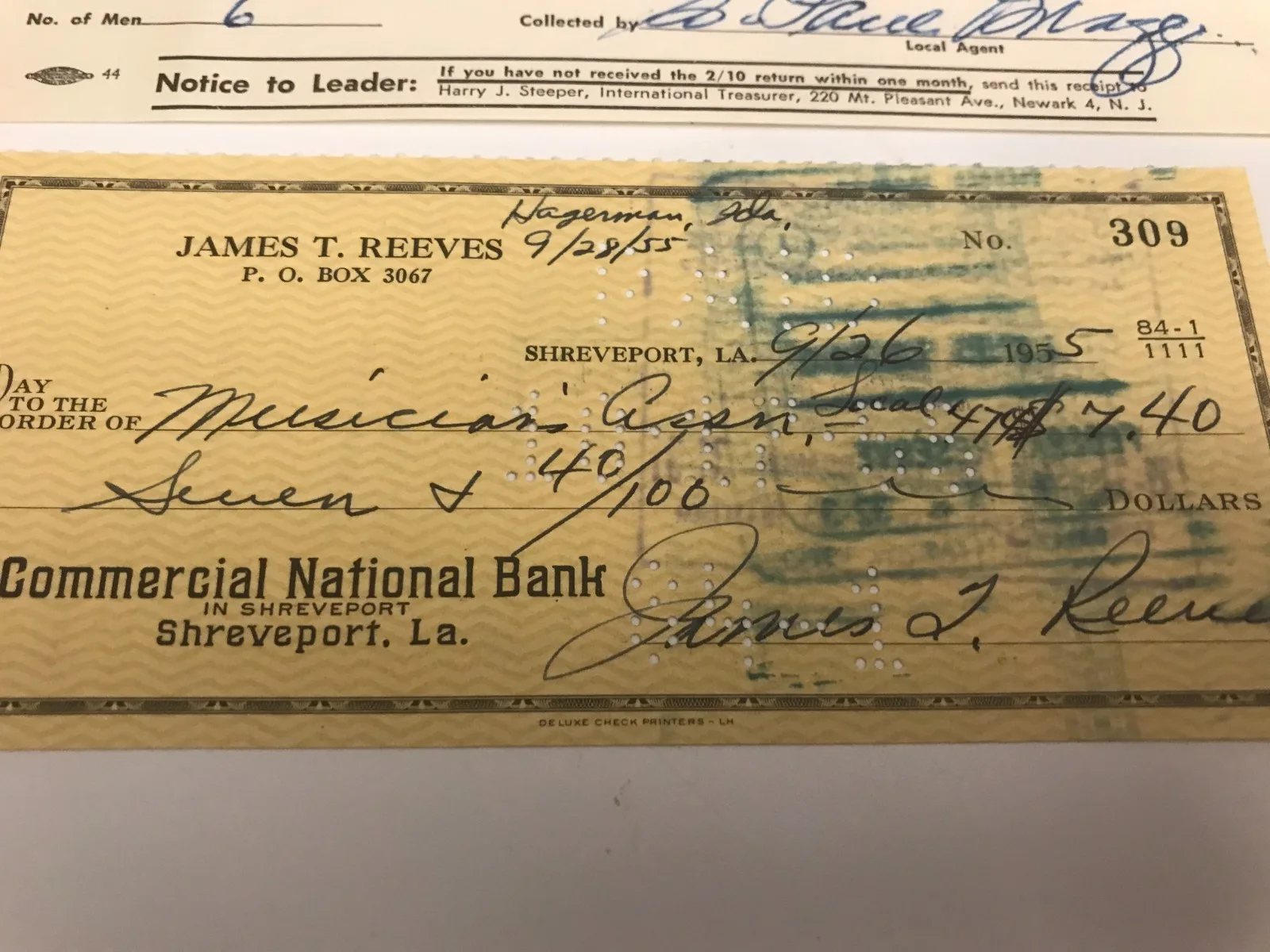 Jim Reeves — JIM REEVES Signed cancel check American Fed Musicians Receipt 1955 Midway Idaho, image 2