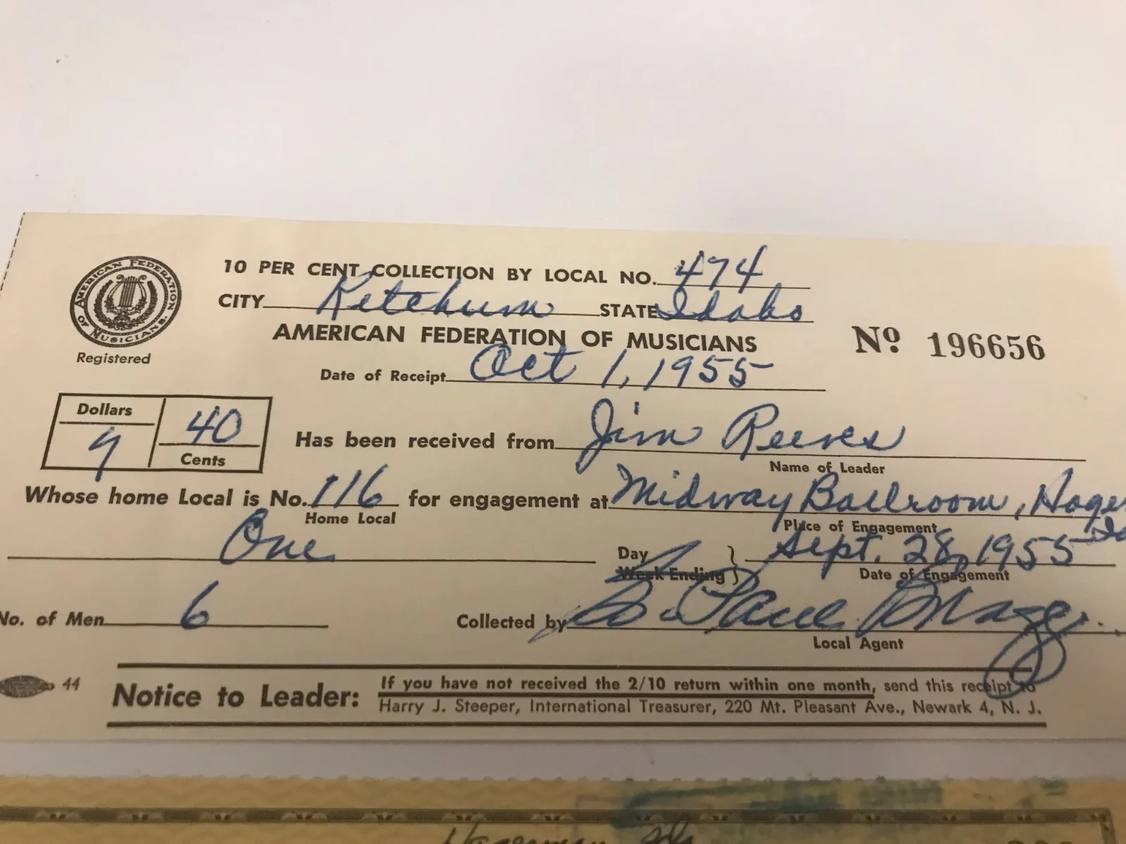 Jim Reeves — JIM REEVES Signed cancel check American Fed Musicians Receipt 1955 Midway Idaho, image 3