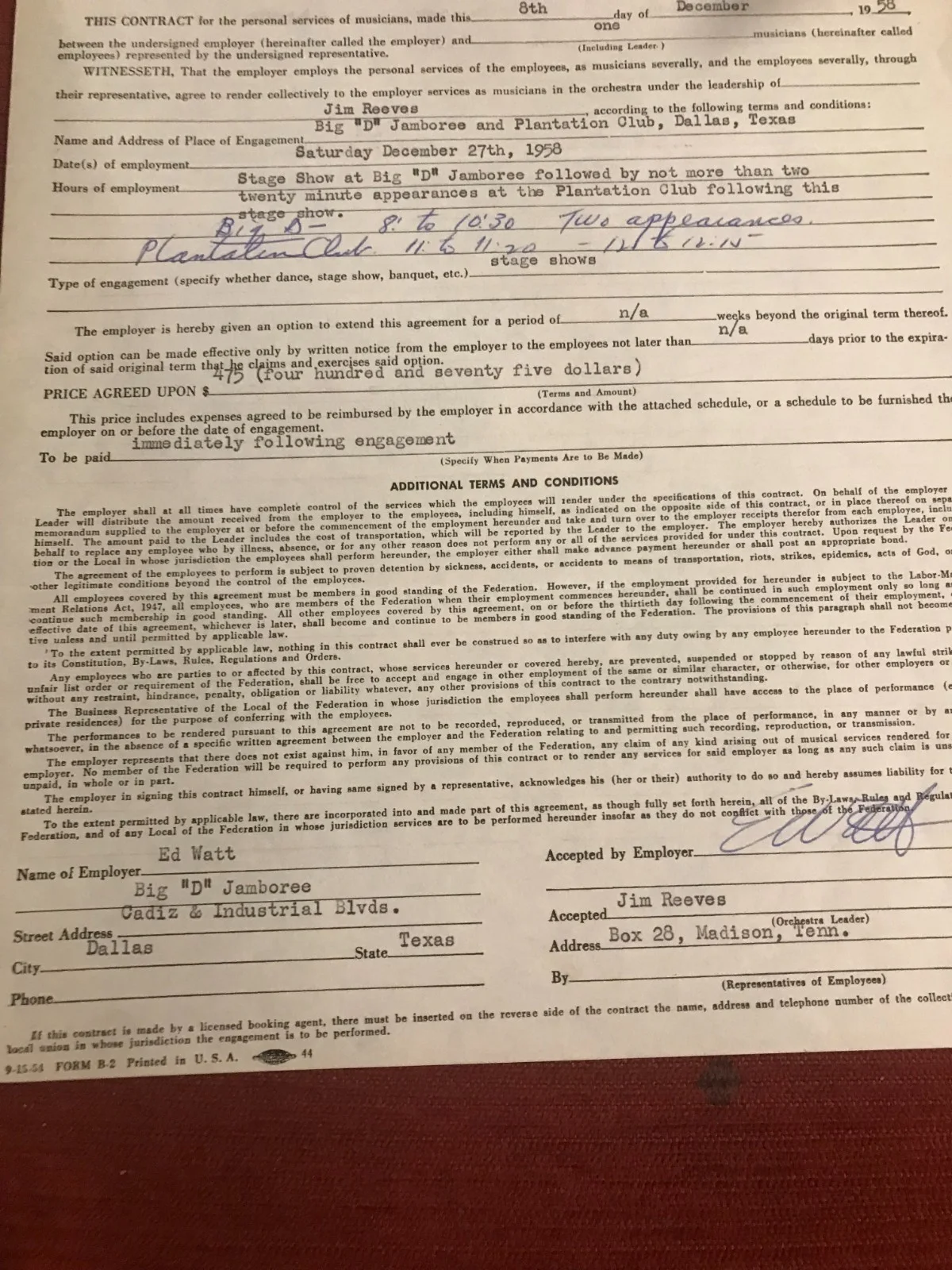 Watt employer — Jim Reeves Contract Big "D Jamboree 1958 Plantation Club 2 Performances Ed Watt, image 2