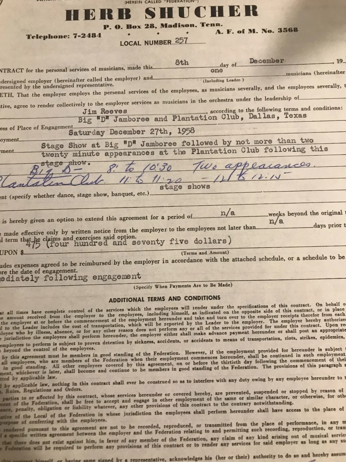 Watt employer — Jim Reeves Contract Big "D Jamboree 1958 Plantation Club 2 Performances Ed Watt, image 3